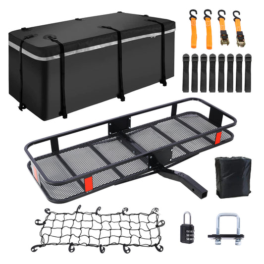 Black cargo carrier bag with straps and reflective strip for car roof