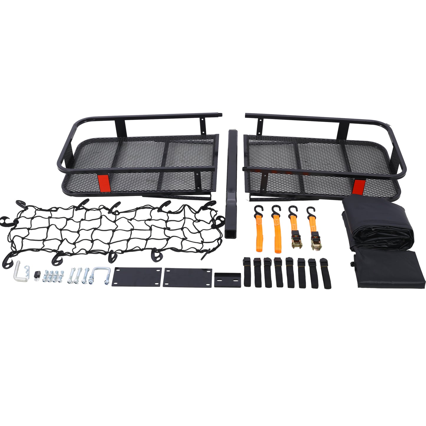 Black steel cargo carrier with mesh base including cargo net and tiedown straps