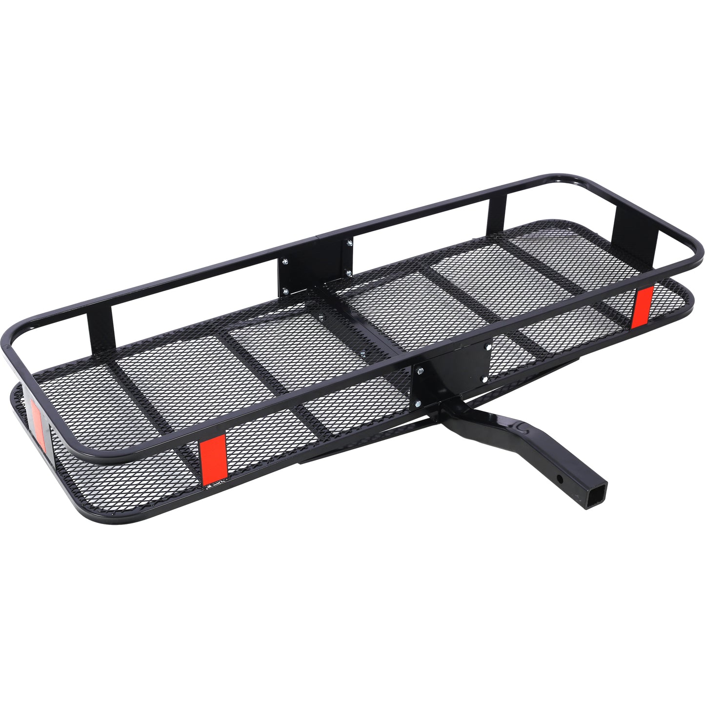 Black metal hitch cargo carrier with mesh platform and reflective red accents