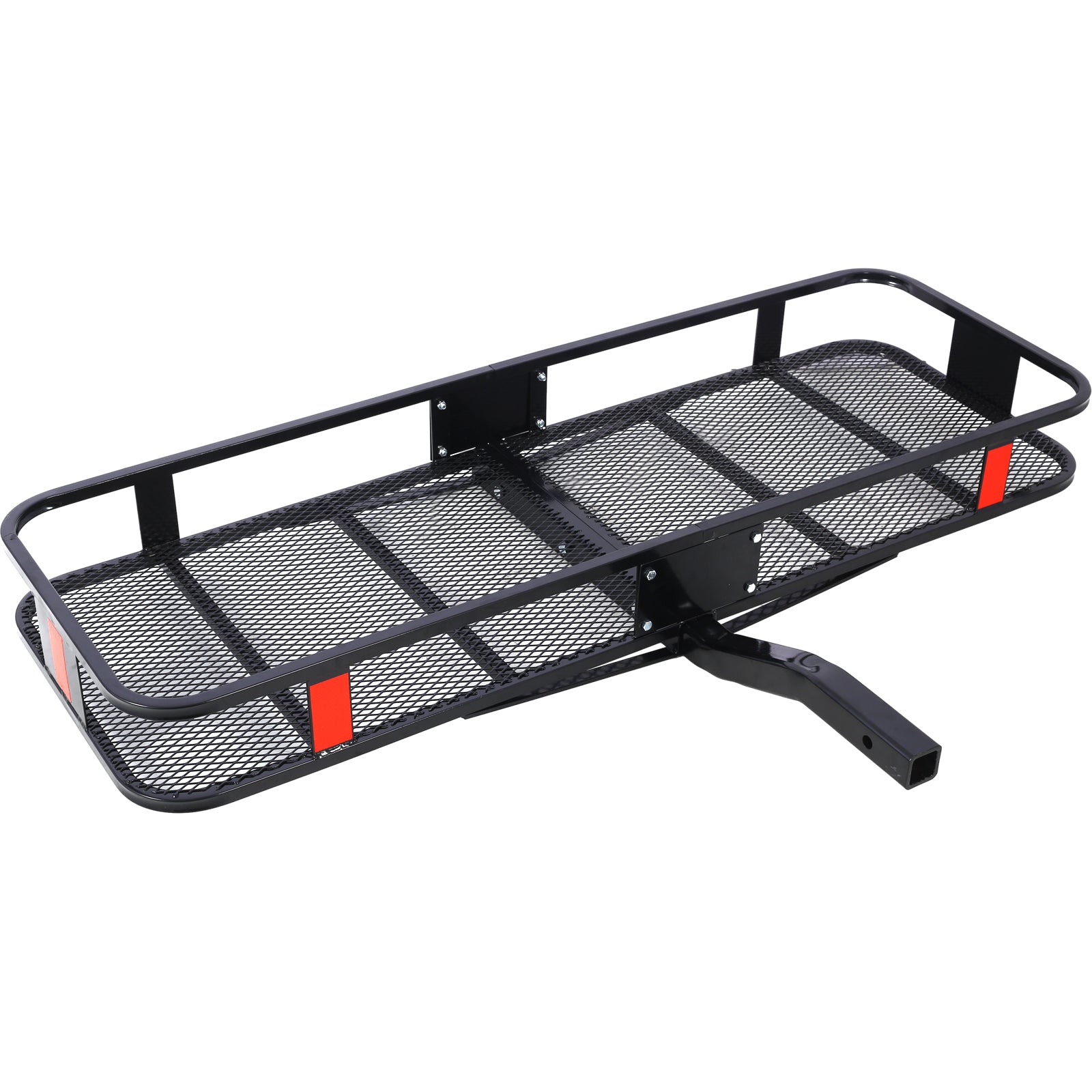 Black metal hitch cargo carrier with mesh platform and reflective red accents