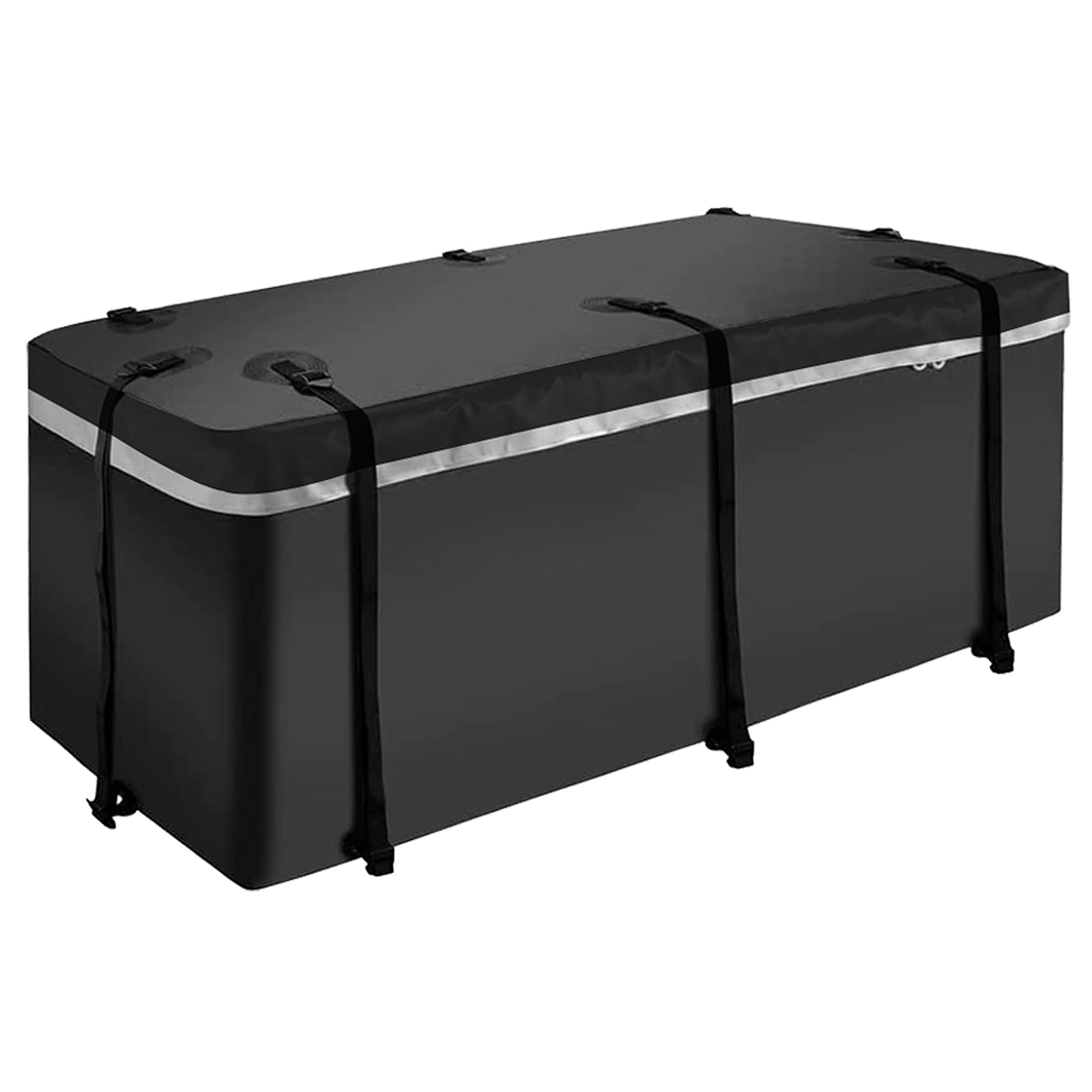 Black waterproof rooftop cargo carrier with reflective stripe and securing straps