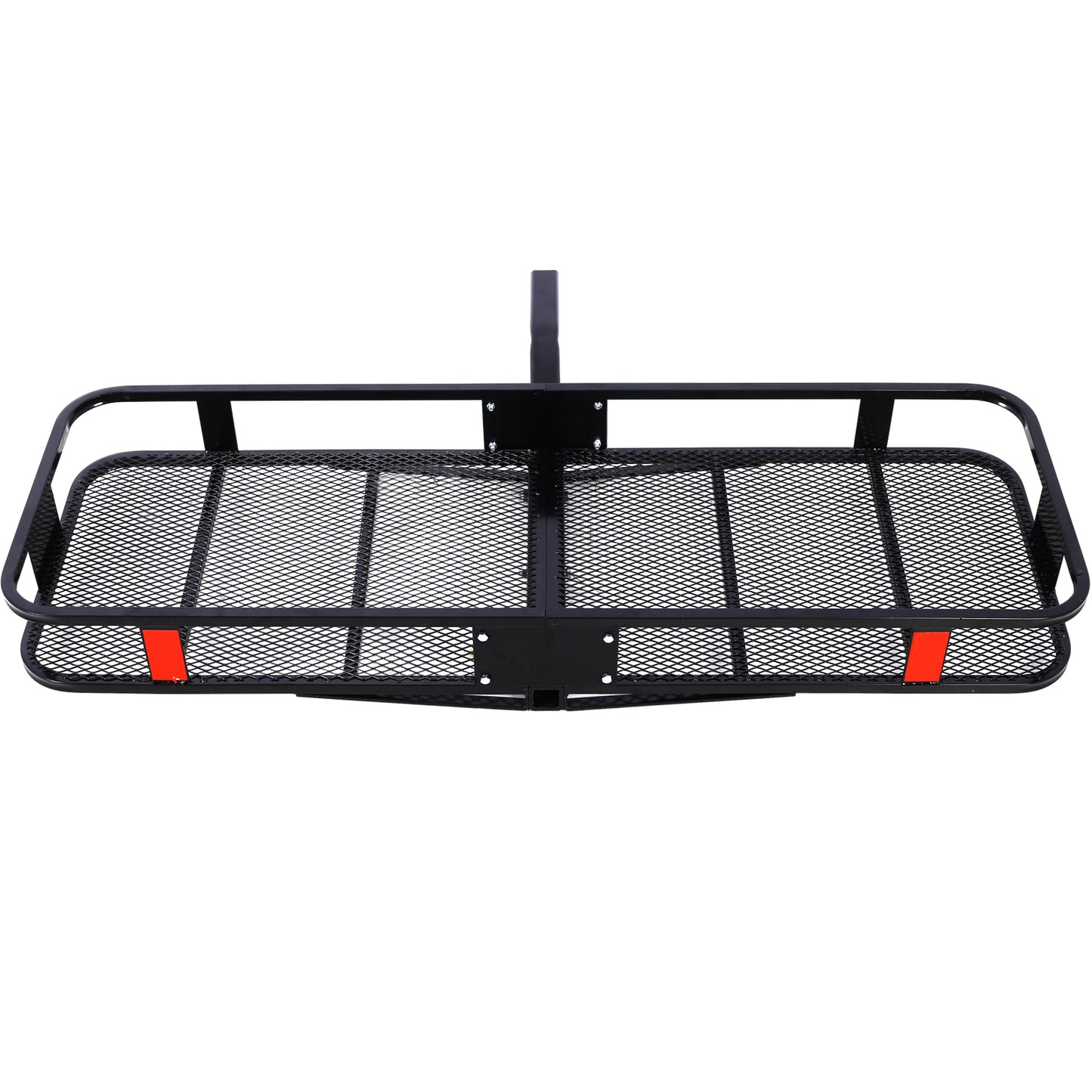 Black steel hitch cargo carrier with mesh platform and red reflectors for travel