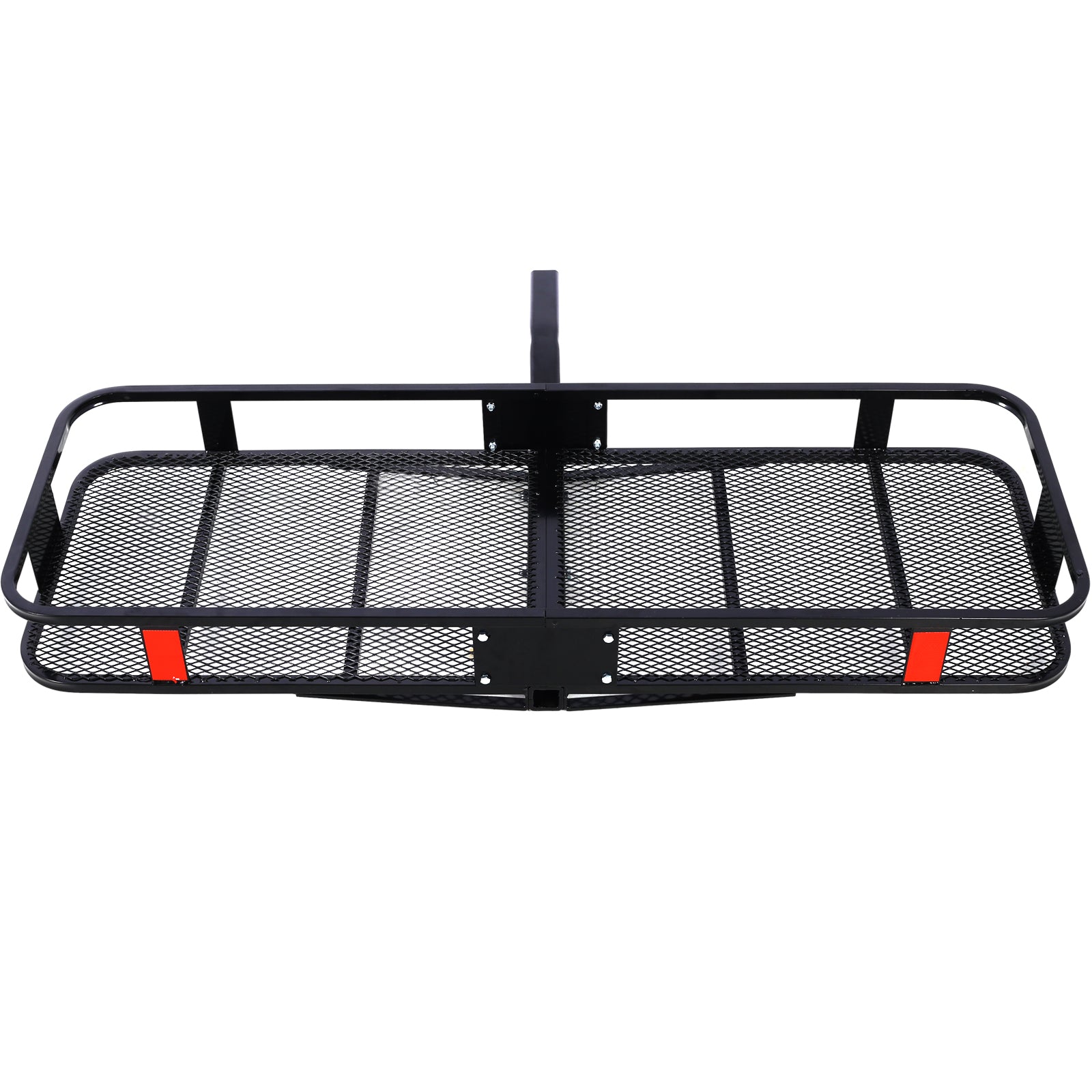 Black steel hitch cargo carrier with mesh platform and red reflectors for travel