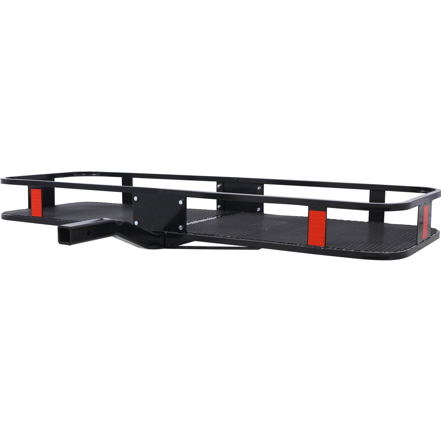 Black metal hitch cargo carrier with safety reflectors and mesh platform