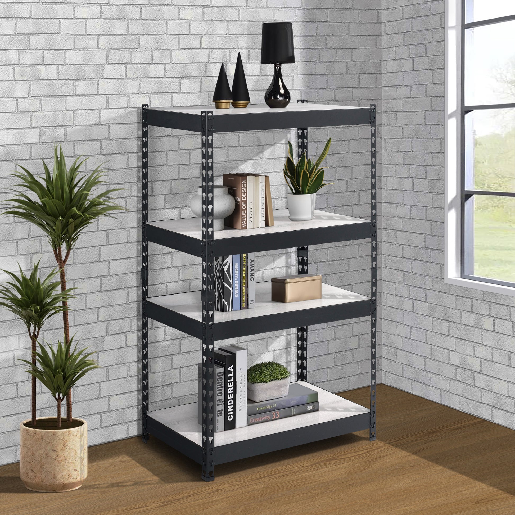 Black metal tier shelving unit with faux wood shelves for home storage
