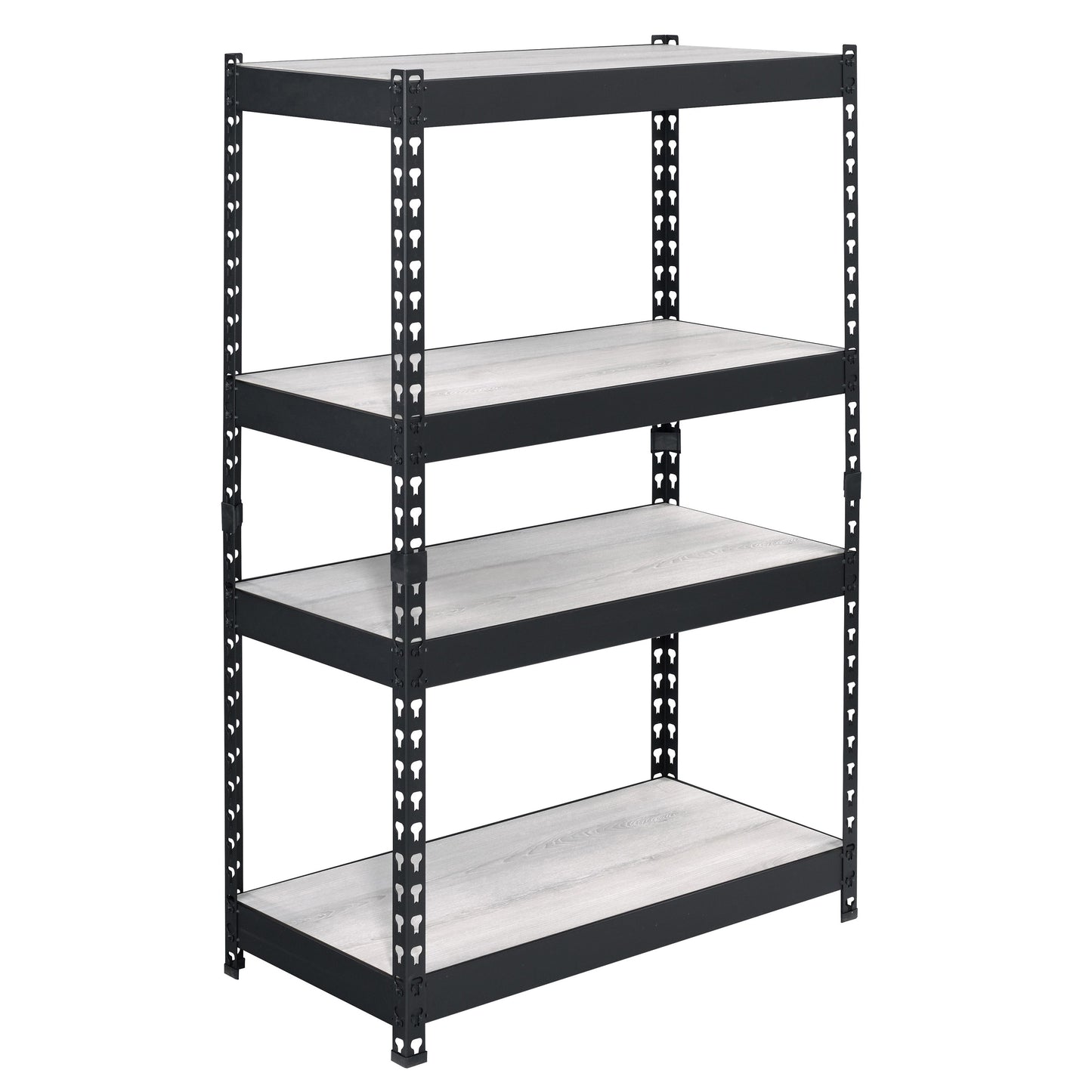 Fourtier black metal shelving unit with light wood grain shelves