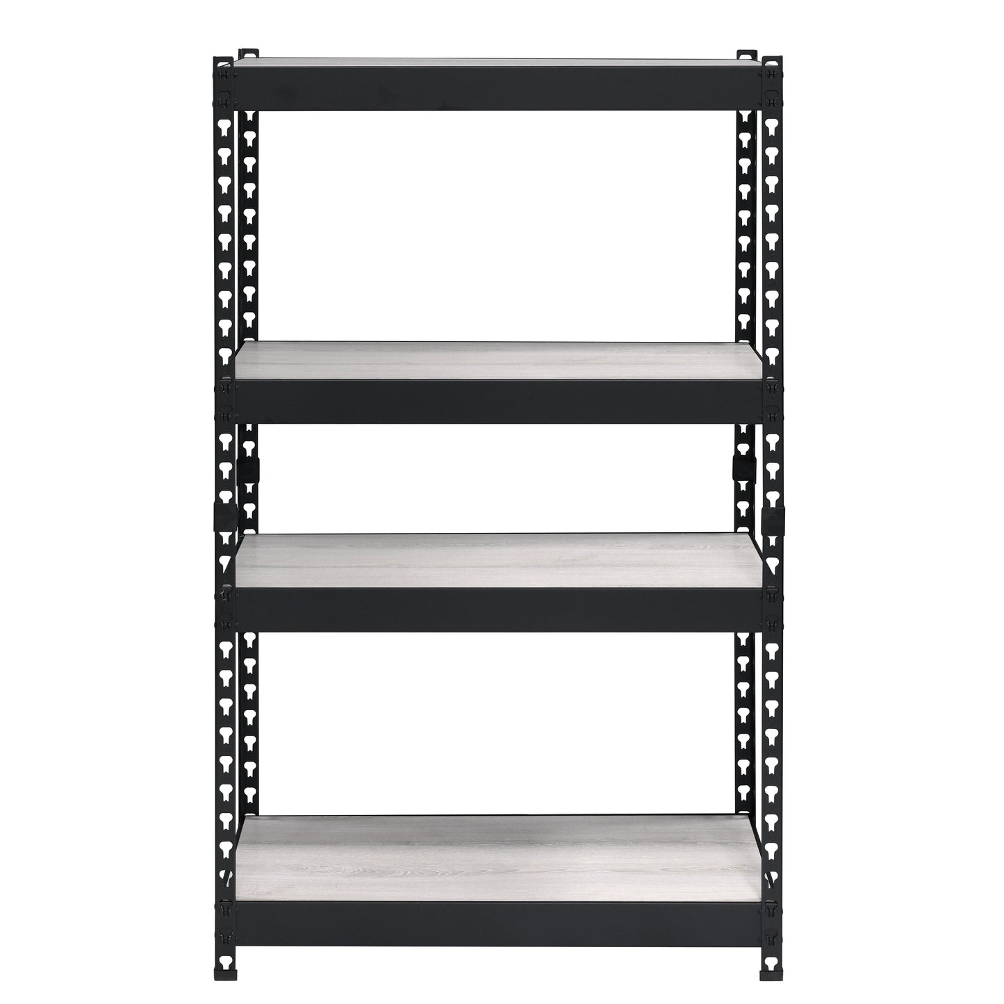 Black metal fourtier shelving unit with light wood shelves for garage storage
