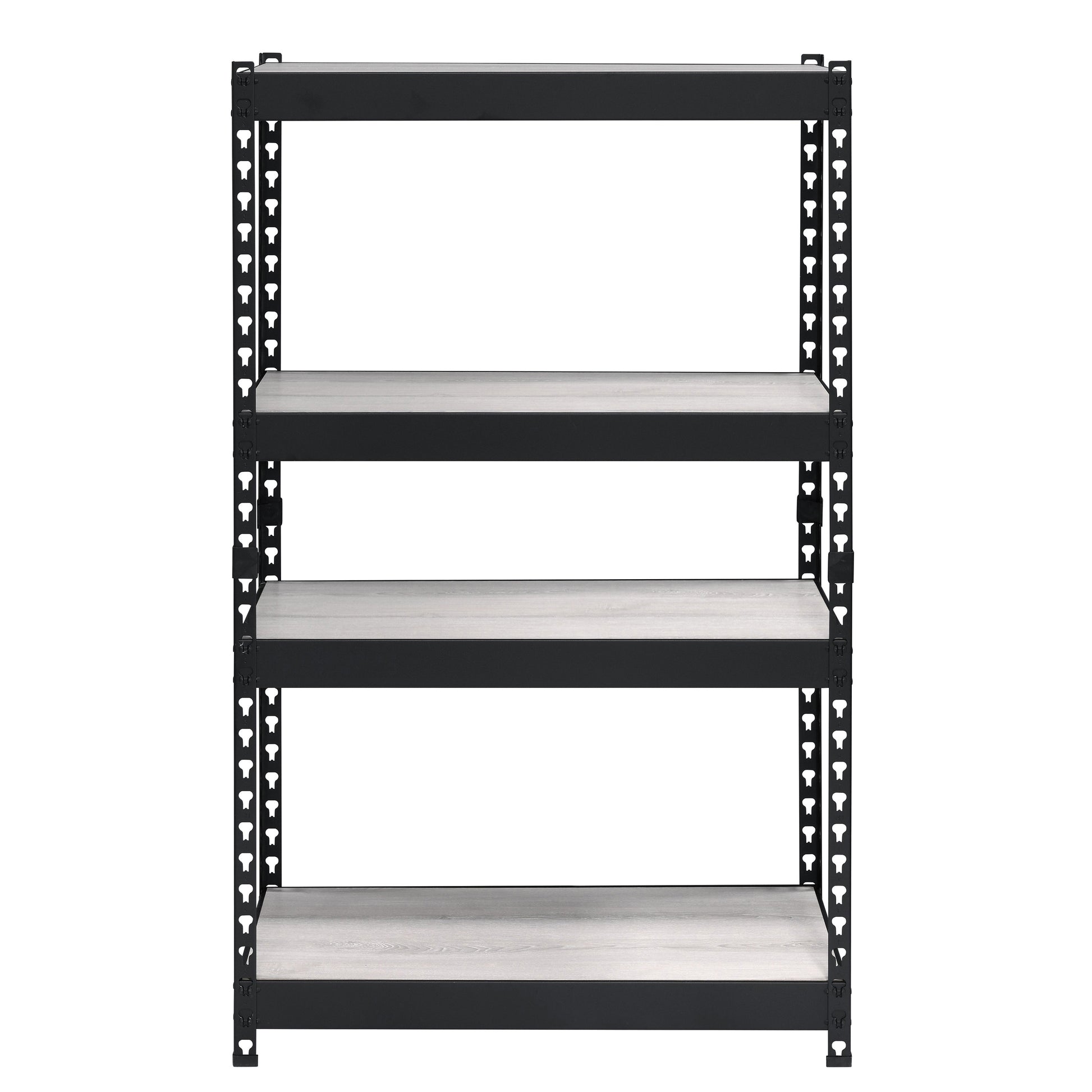 Black metal fourtier shelving unit with light wood shelves for garage storage