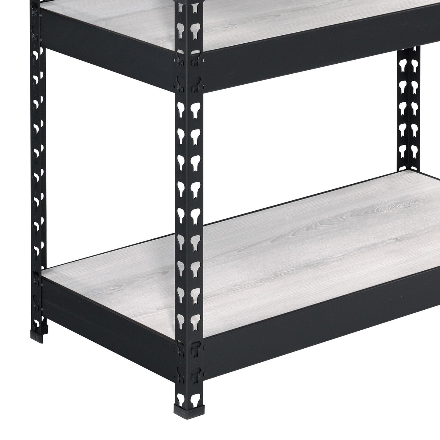 Black metal shelving unit with light wood grain shelves ideal for storage
