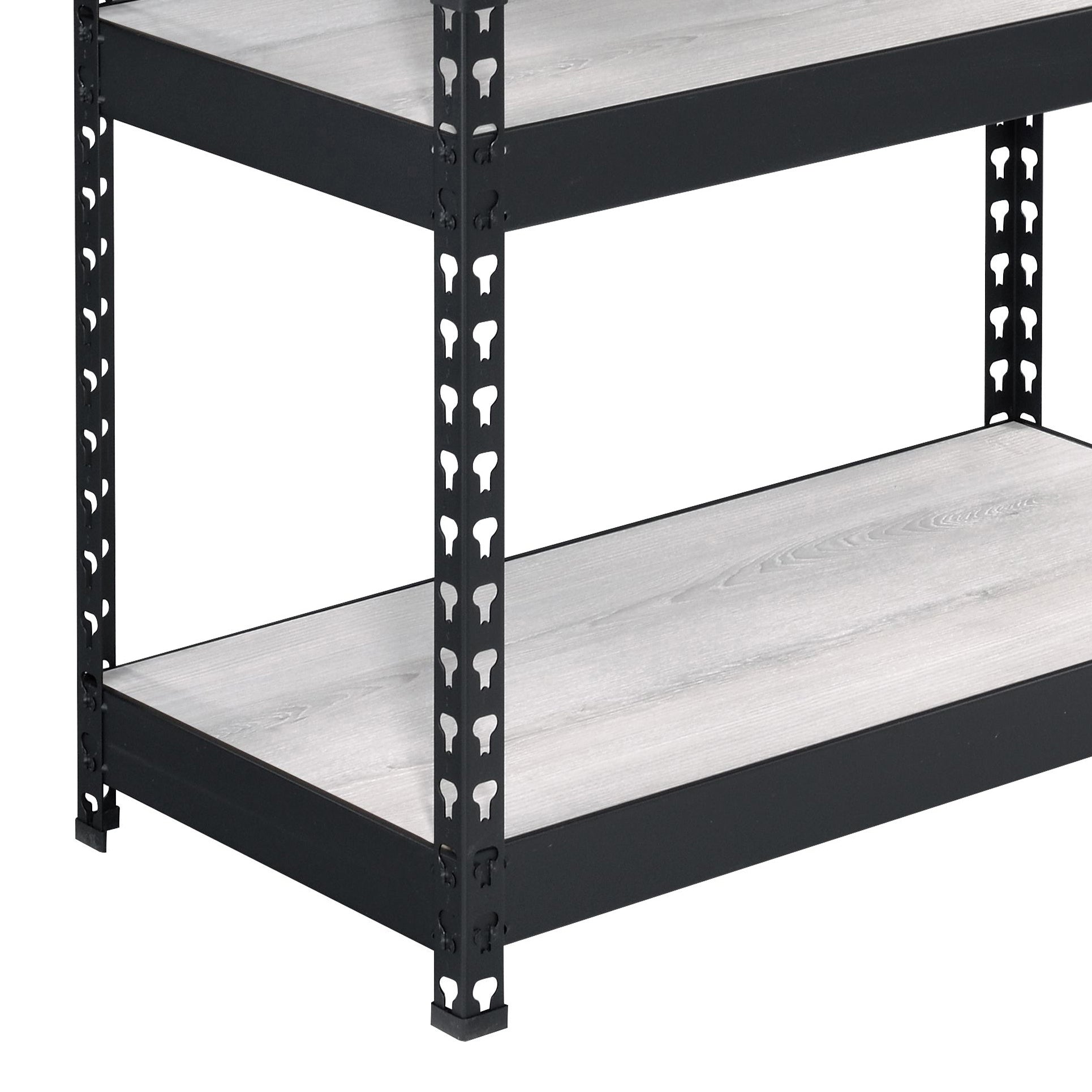 Black metal shelving unit with light wood grain shelves ideal for storage
