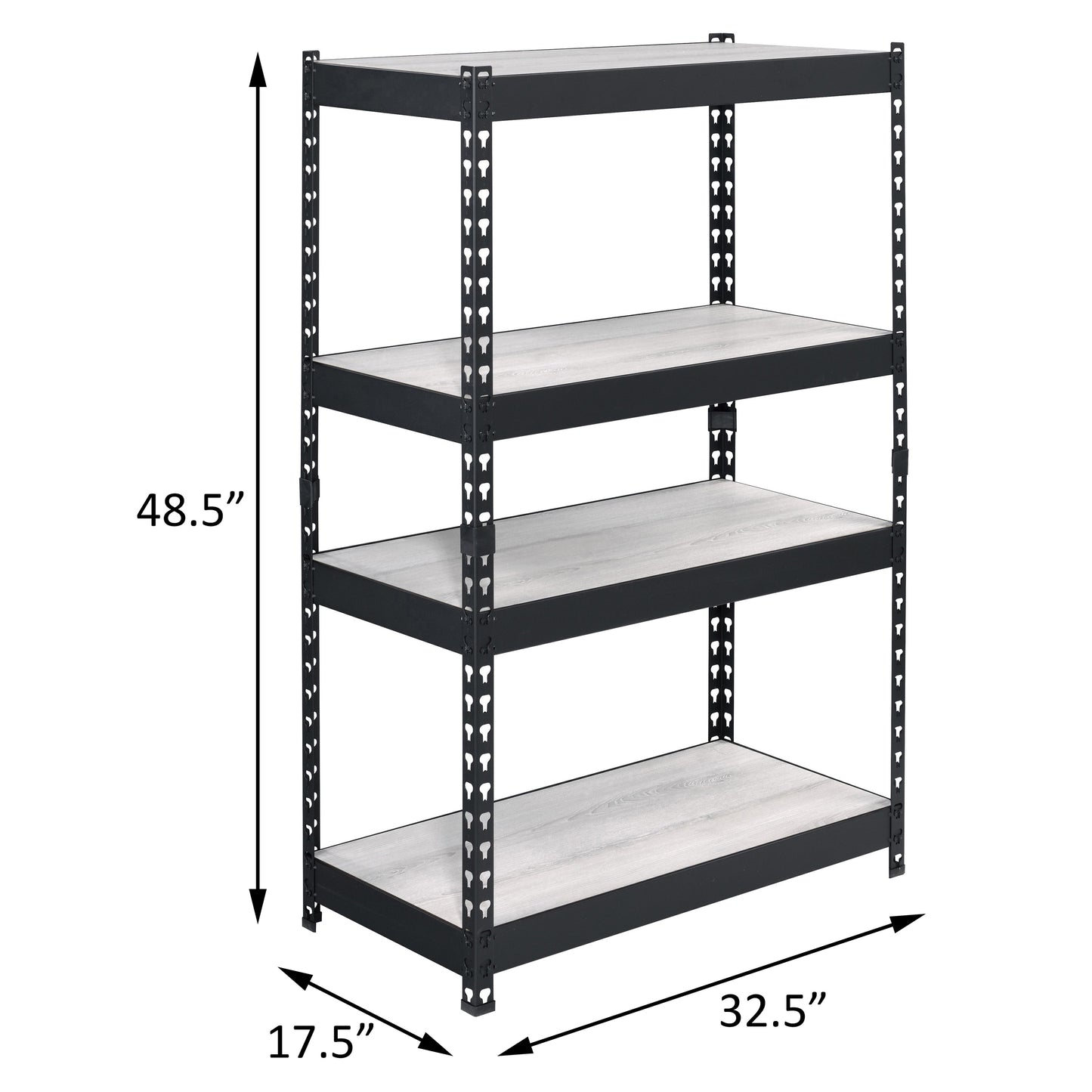 Black metal shelving unit with four light woodgrain shelves and dimensions indicated  H x  W x  D