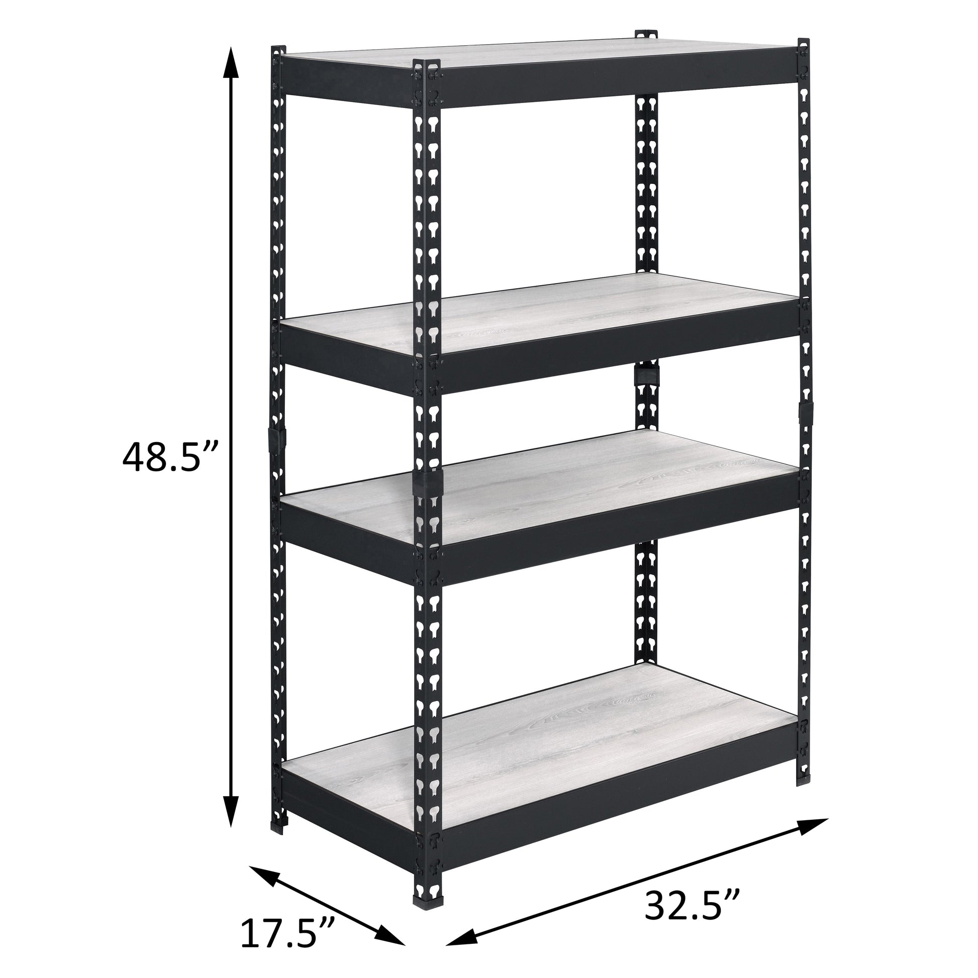 Black metal shelving unit with four light woodgrain shelves and dimensions indicated  H x  W x  D