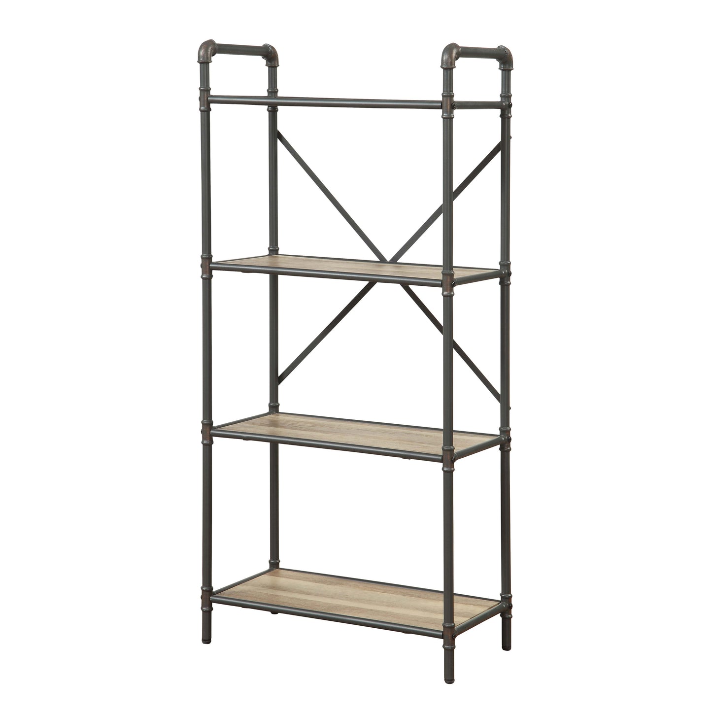 Industrial pipe bookshelf with four distressed wood shelves and dark metal frame