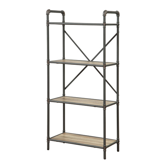 Industrial pipe bookshelf with four distressed wood shelves and dark metal frame