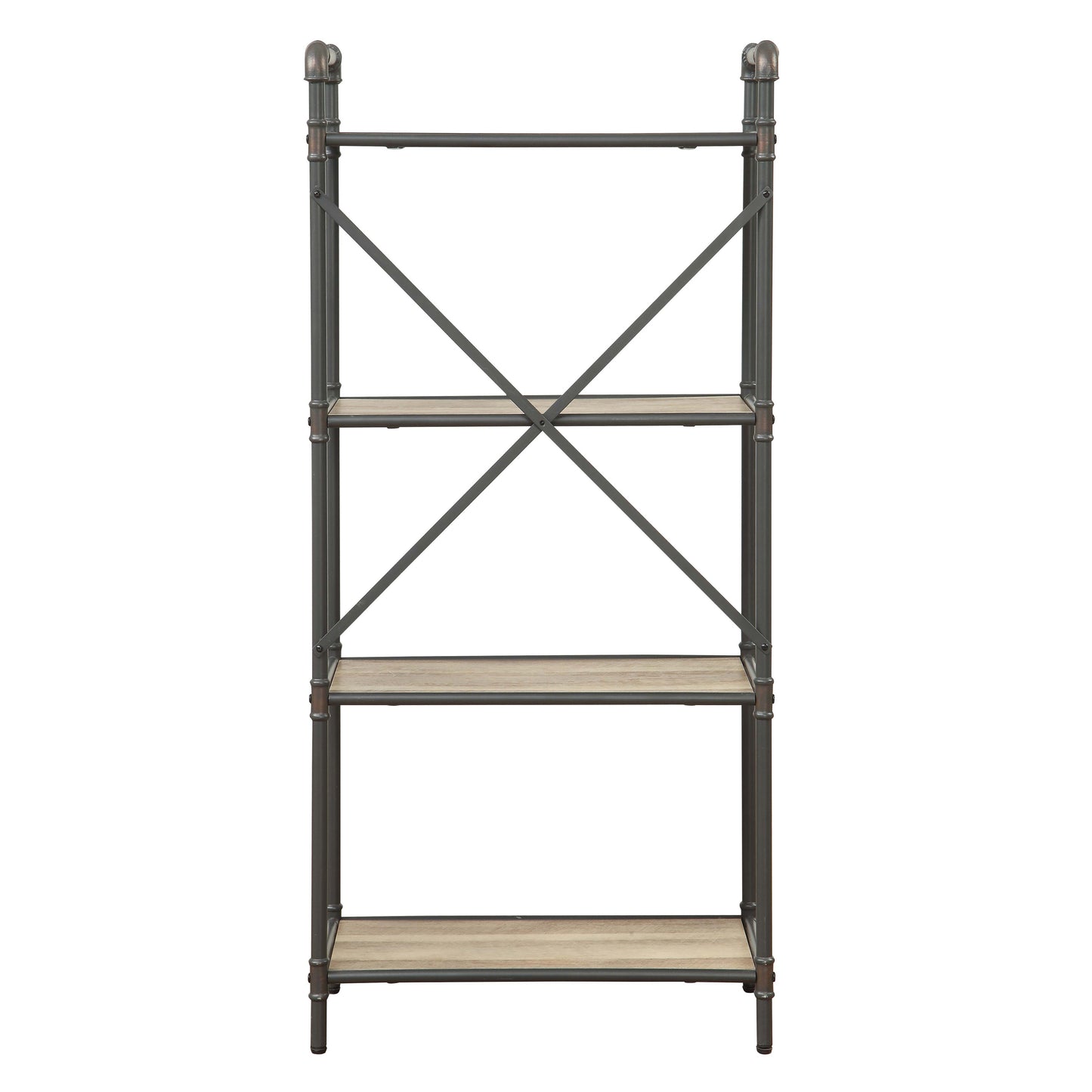 Industrial style pipe bookshelf with distressed wood shelves and metal frame  characters
