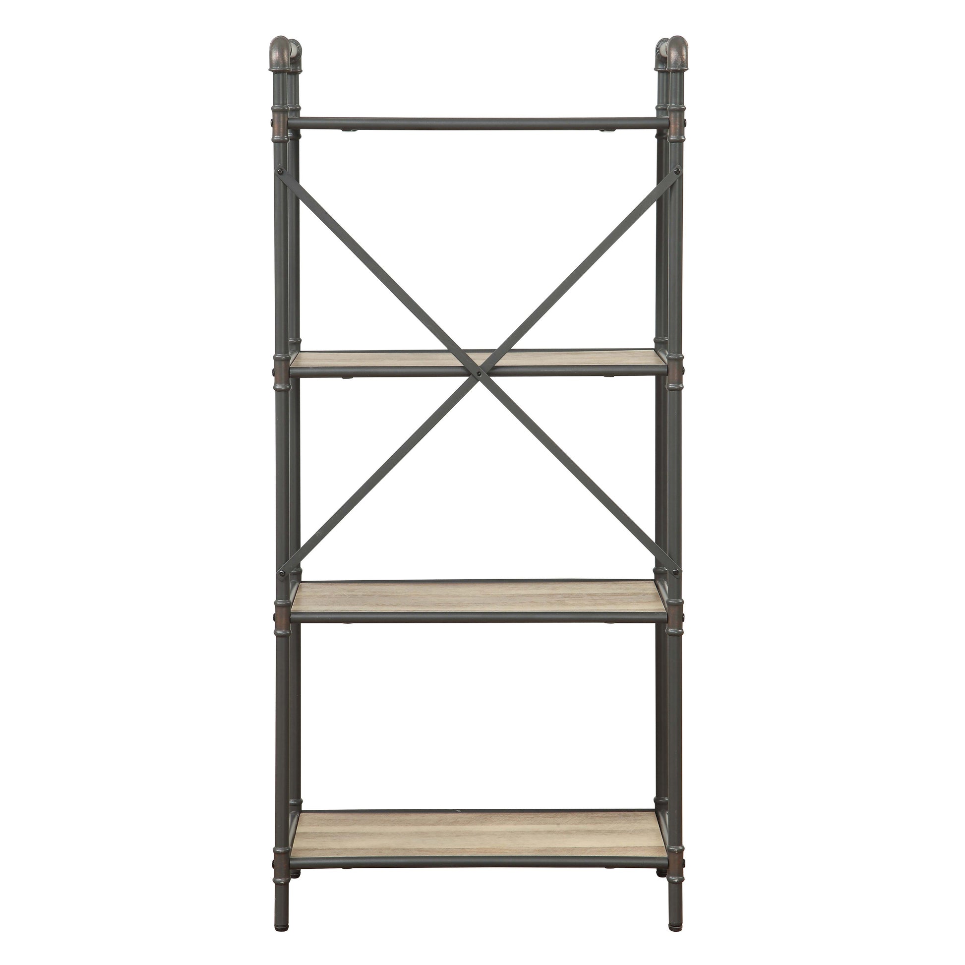 Industrial style pipe bookshelf with distressed wood shelves and metal frame  characters