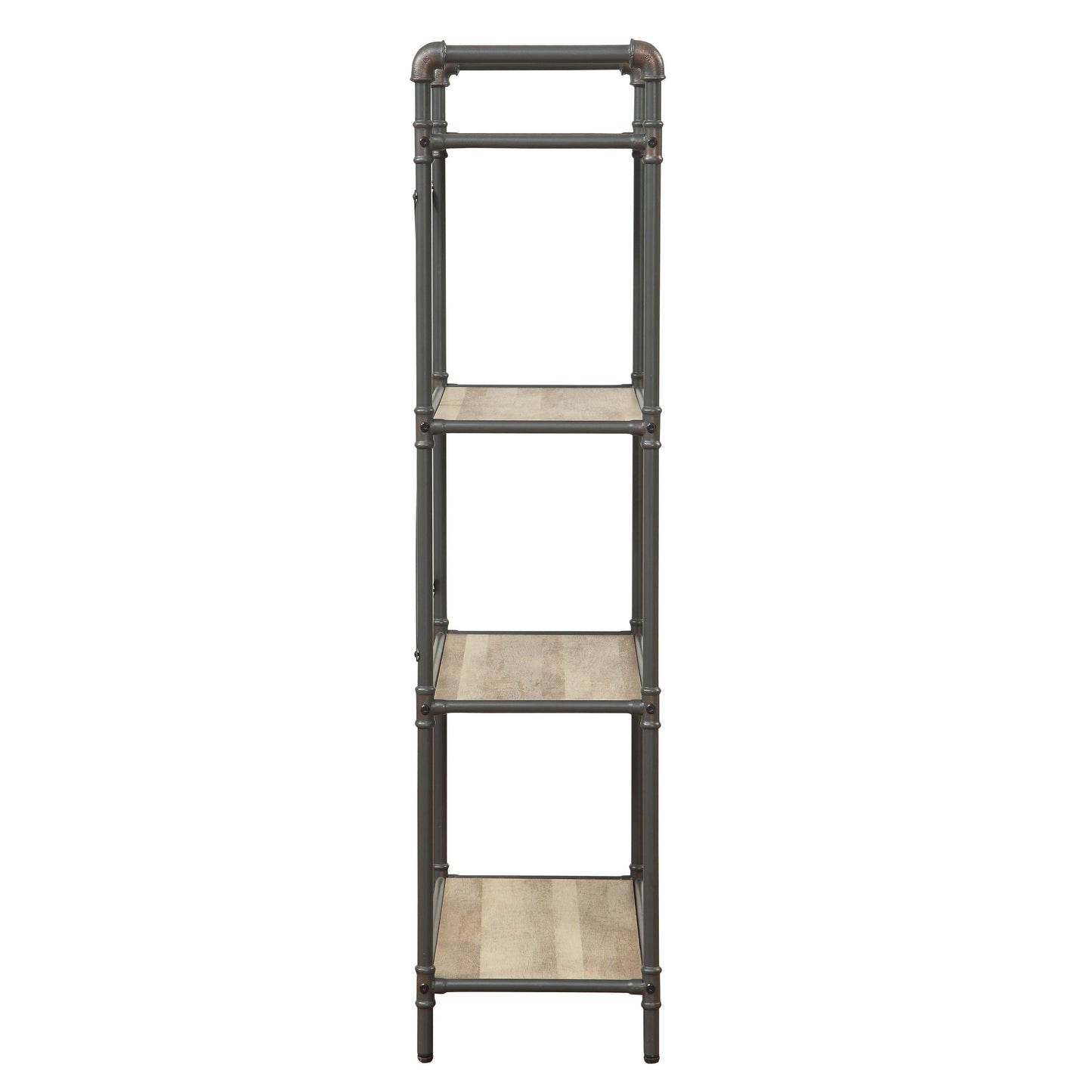 Industrial pipe shelf unit with four light wood shelves and dark metal frame