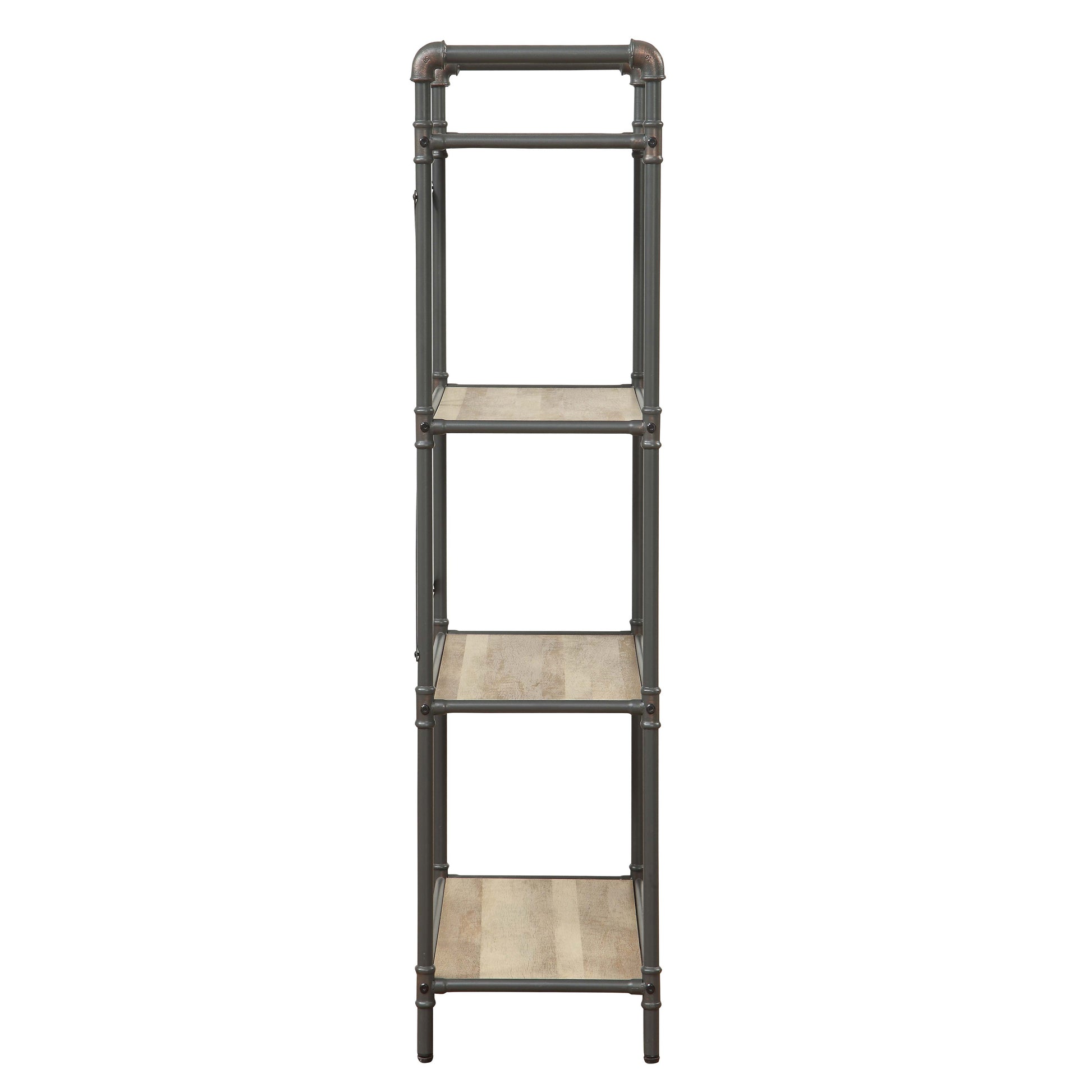 Industrial pipe shelf unit with four light wood shelves and dark metal frame