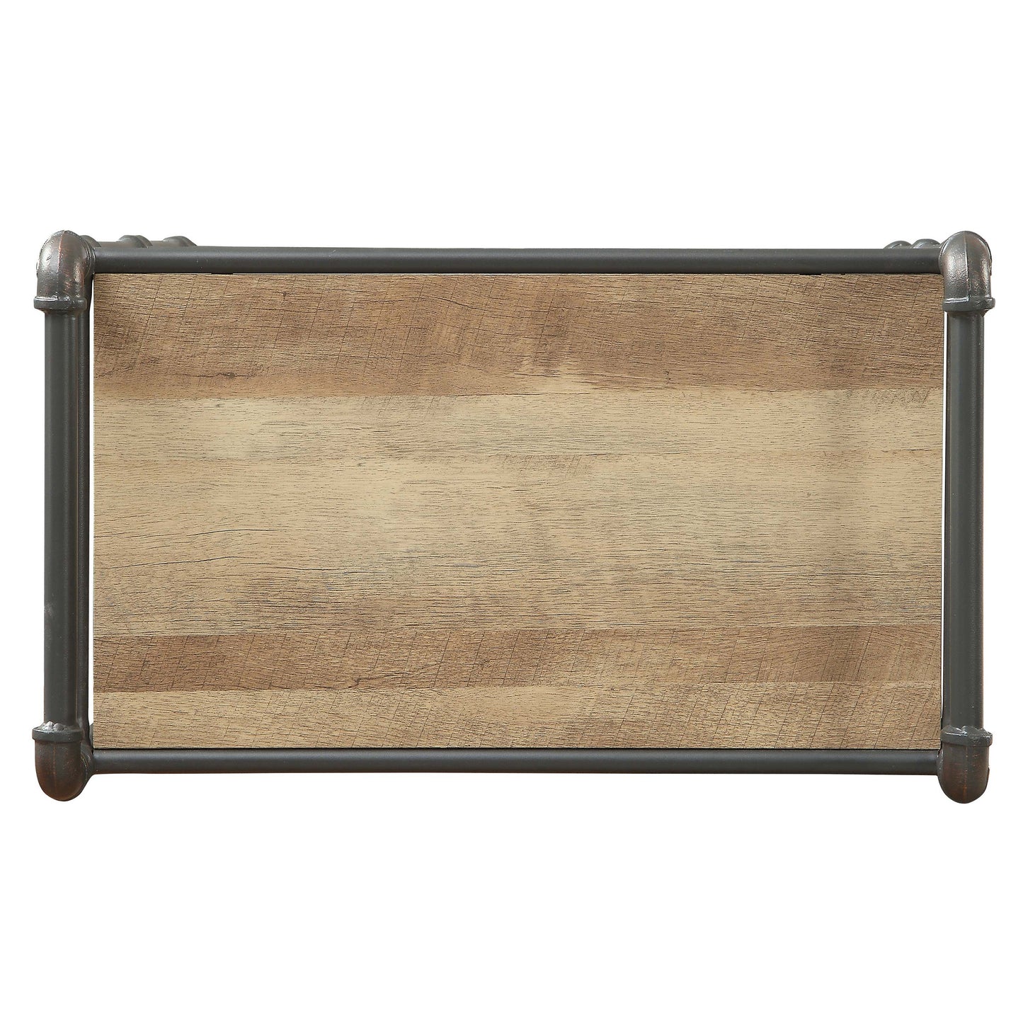 Rustic wooden shelf with dark metal pipe frame