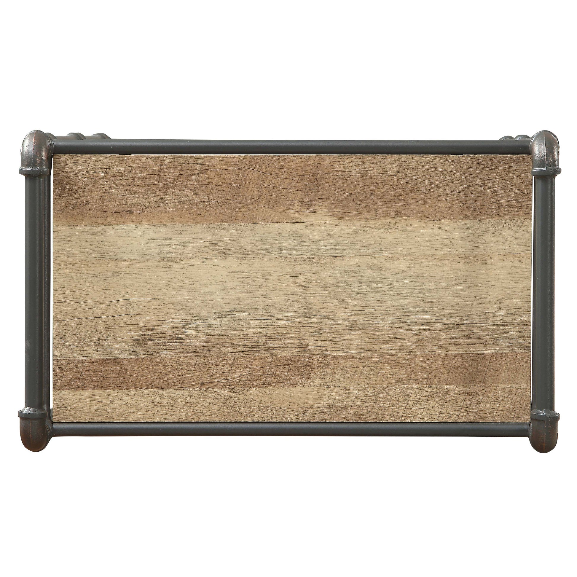 Rustic wooden shelf with dark metal pipe frame