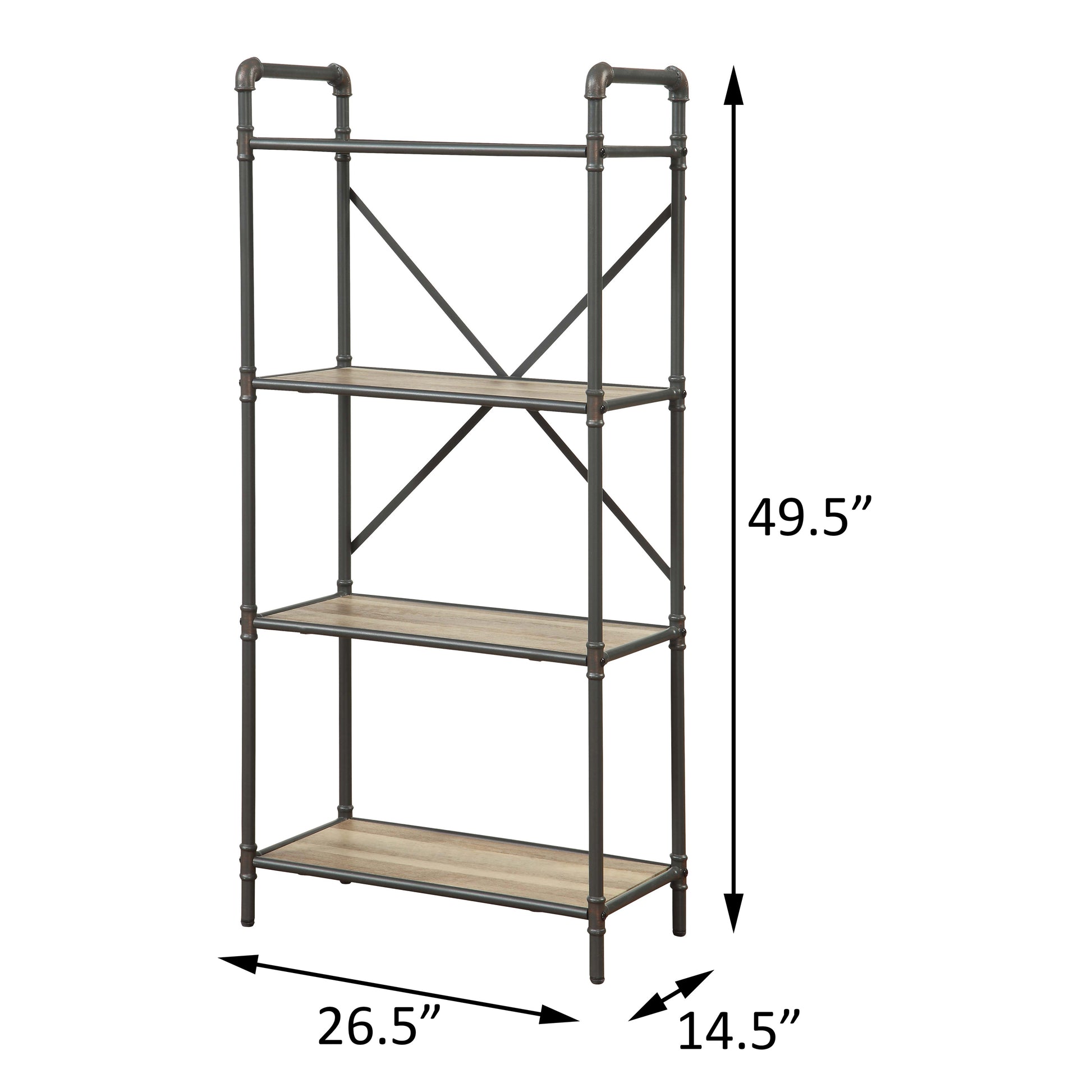 Industrial pipe shelf with four natural woodgrain shelves and dark metal frame