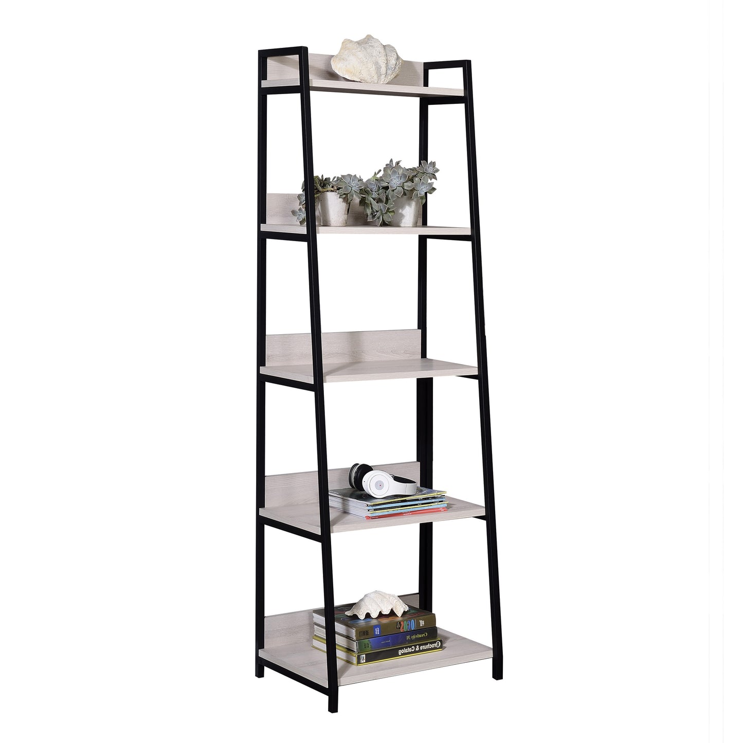 Modern ladder bookshelf with black metal frame and light wood shelves