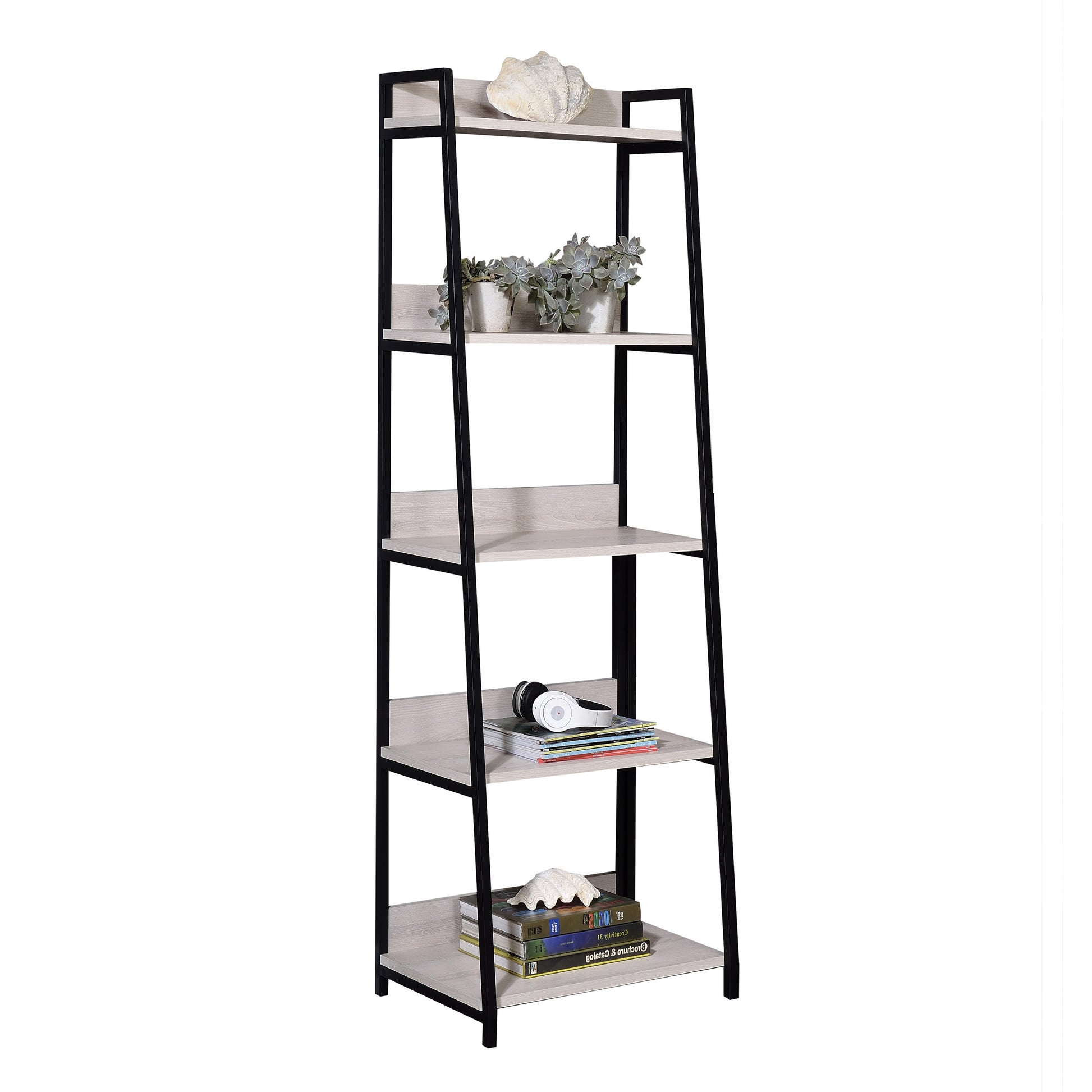 Modern ladder bookshelf with black metal frame and light wood shelves