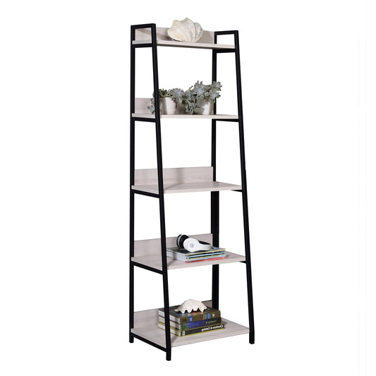Modern ladder bookshelf with black metal frame and light wood shelves