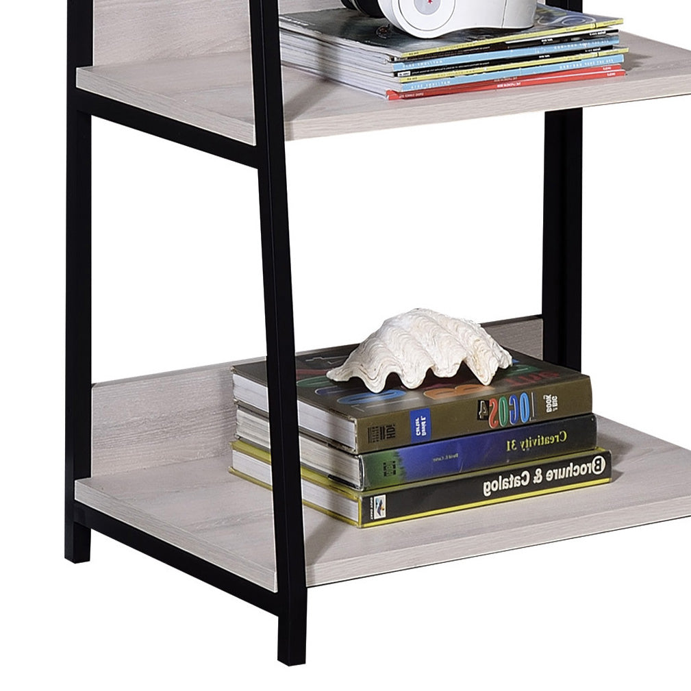 Modern white wash bookshelf with black metal frame holding books