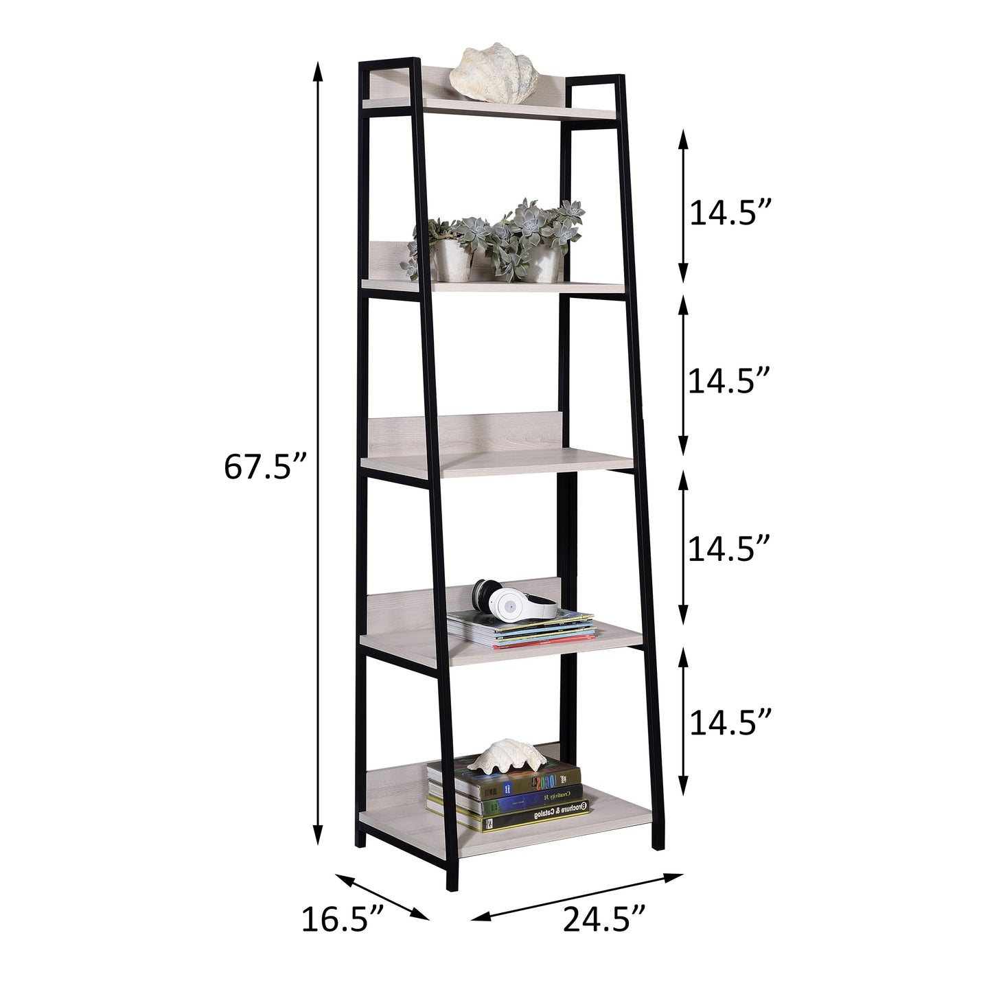 Tall ladder bookshelf with a light wood finish and black metal frame featuring decorative items