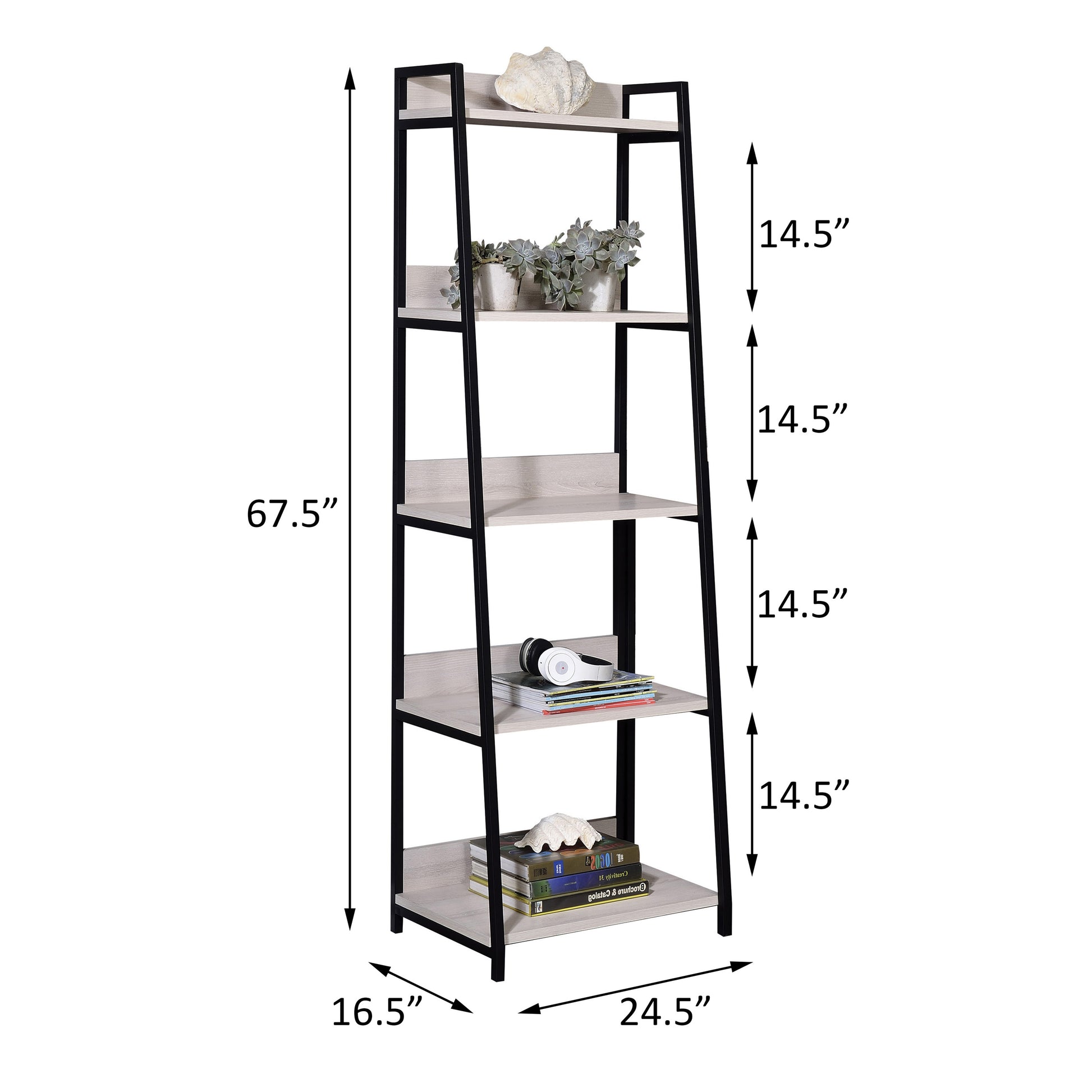Tall ladder bookshelf with a light wood finish and black metal frame featuring decorative items