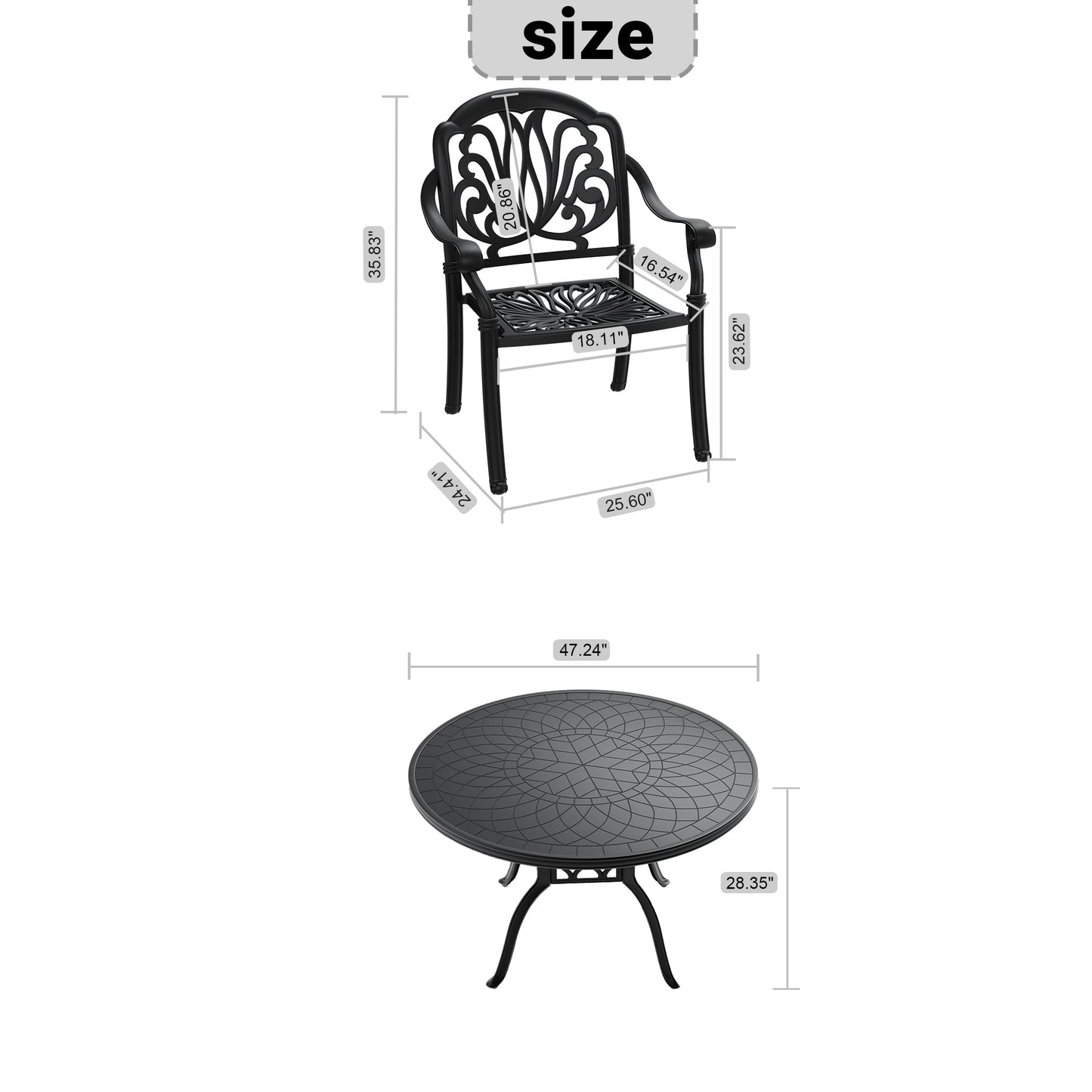 Black cast aluminum patio chair with ornate backrest  H