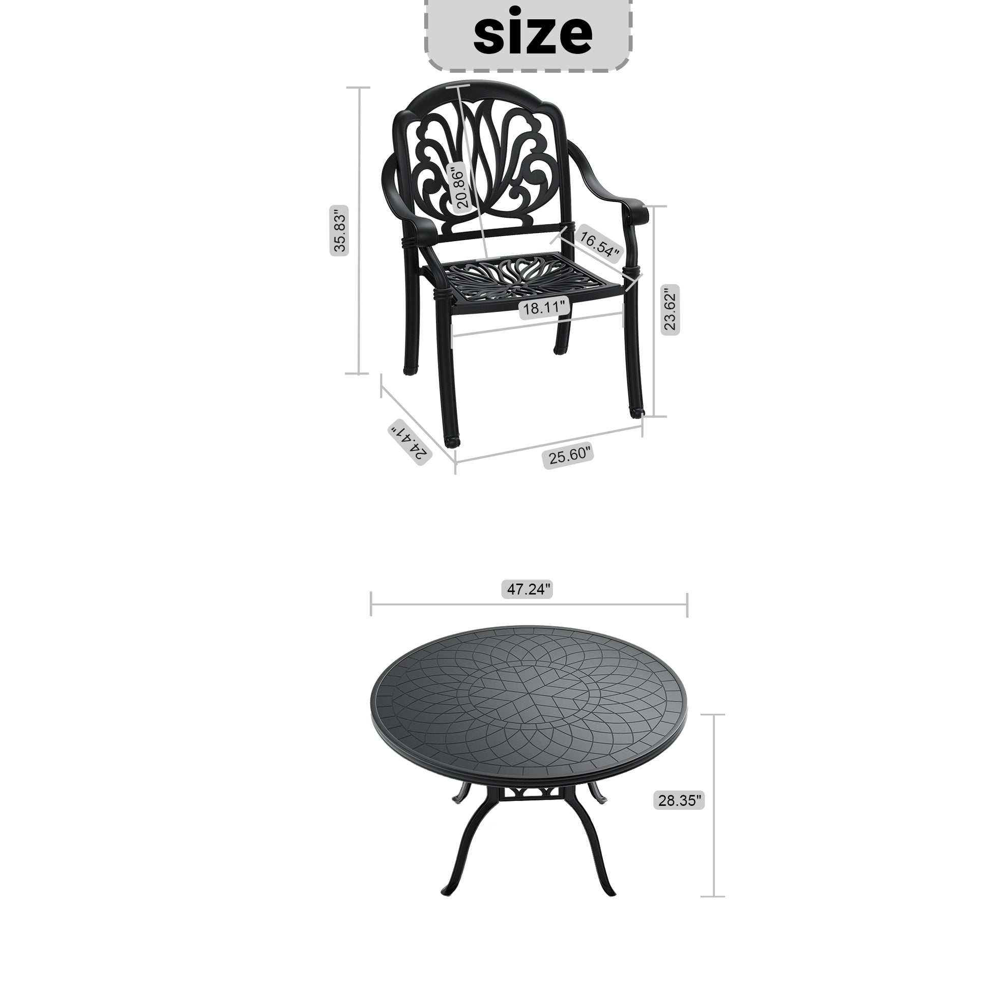 Black cast aluminum patio chair with ornate backrest  H
