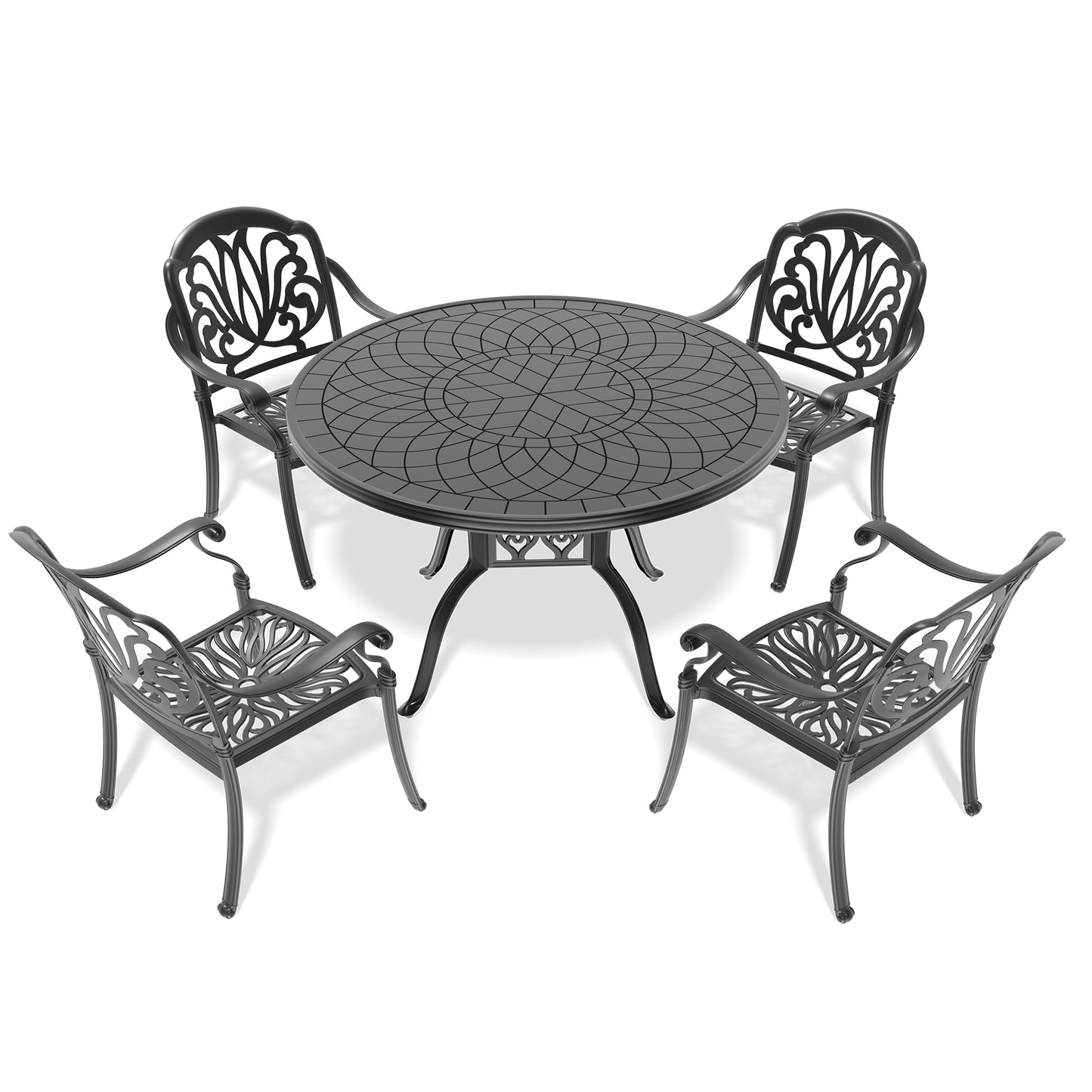 Ornate dark grey cast aluminum patio dining set with four chairs and a round table