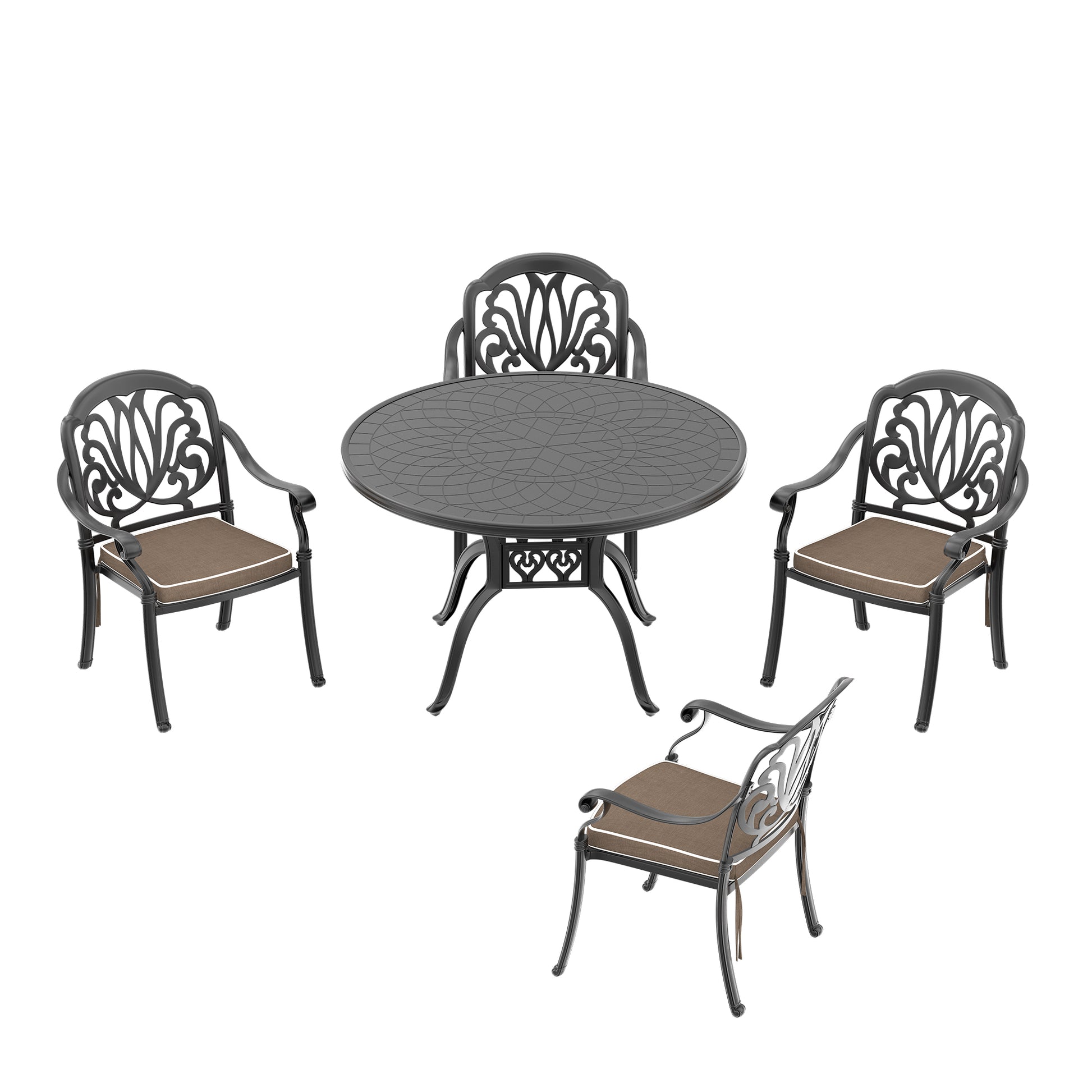 Black cast aluminum outdoor dining set with ornate detailing and brown seat cushions