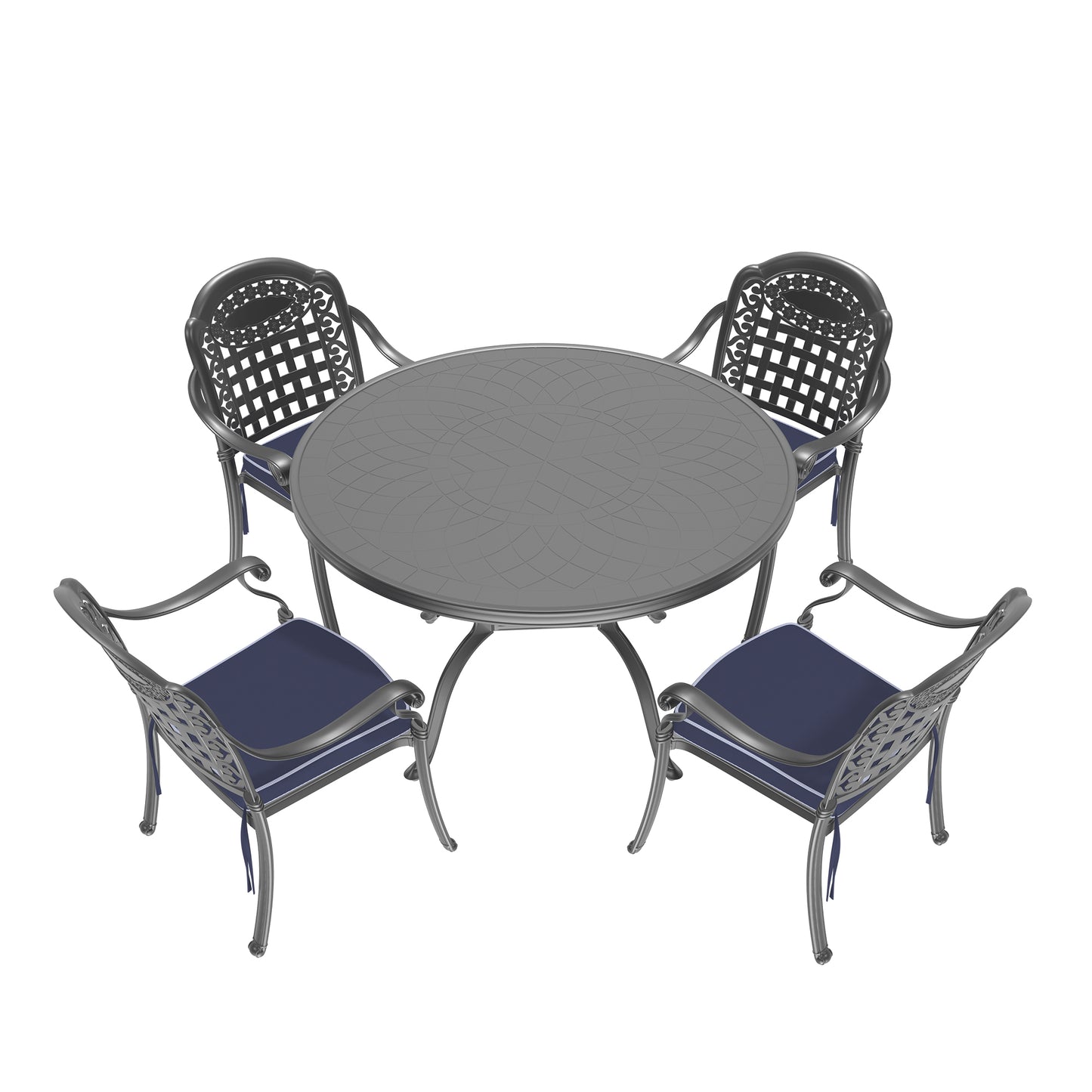 Cast aluminum dining set with ornate chair backs and navy cushions