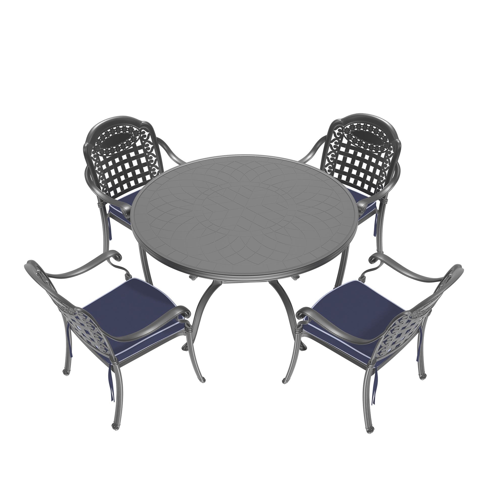 Cast aluminum dining set with ornate chair backs and navy cushions