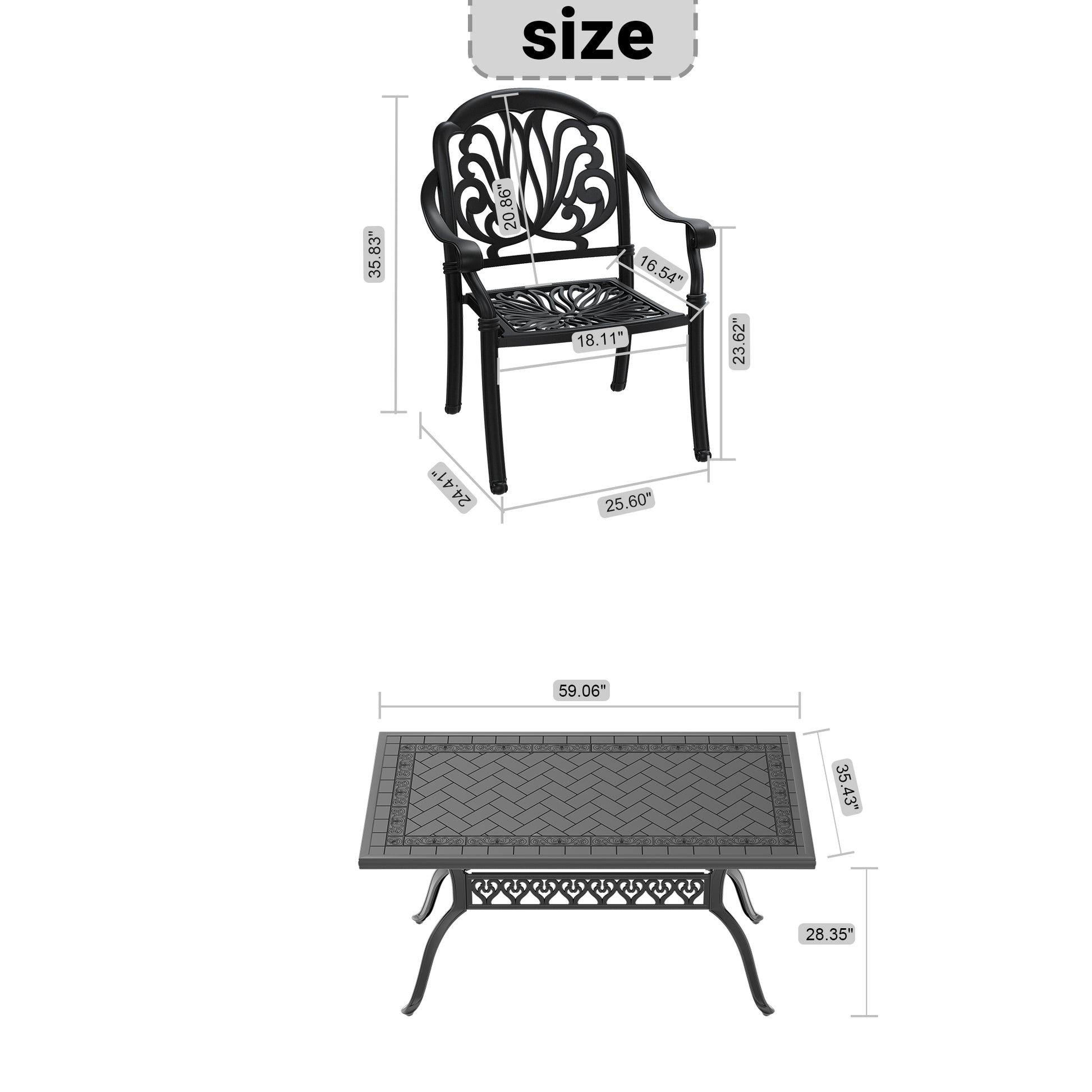 Black ornate cast aluminum patio chair with detailed backrest and seat