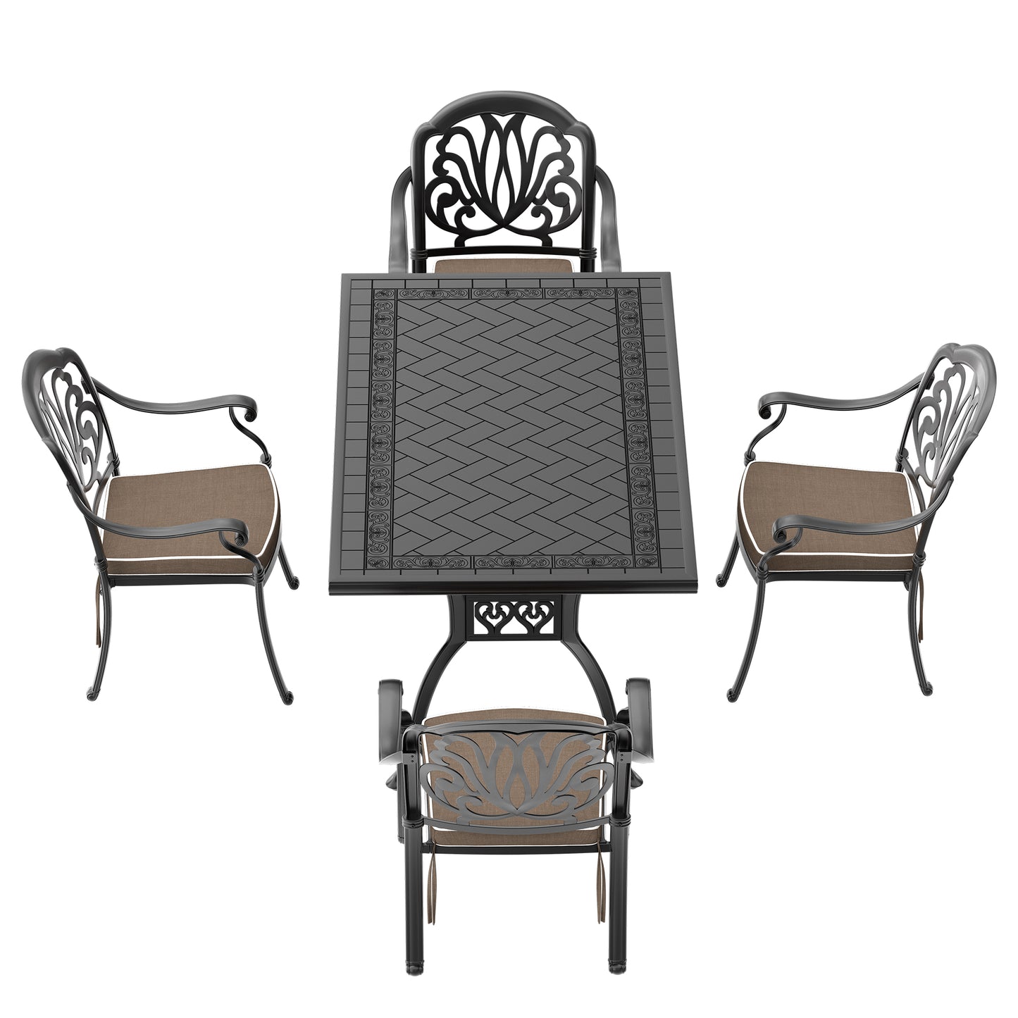 Black wrought iron patio set with ornate scrollwork includes square table and four chairs with brown cushions