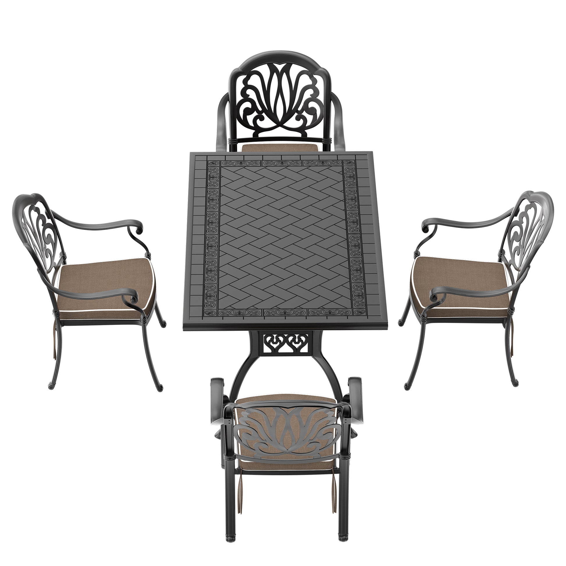 Black wrought iron patio set with ornate scrollwork includes square table and four chairs with brown cushions