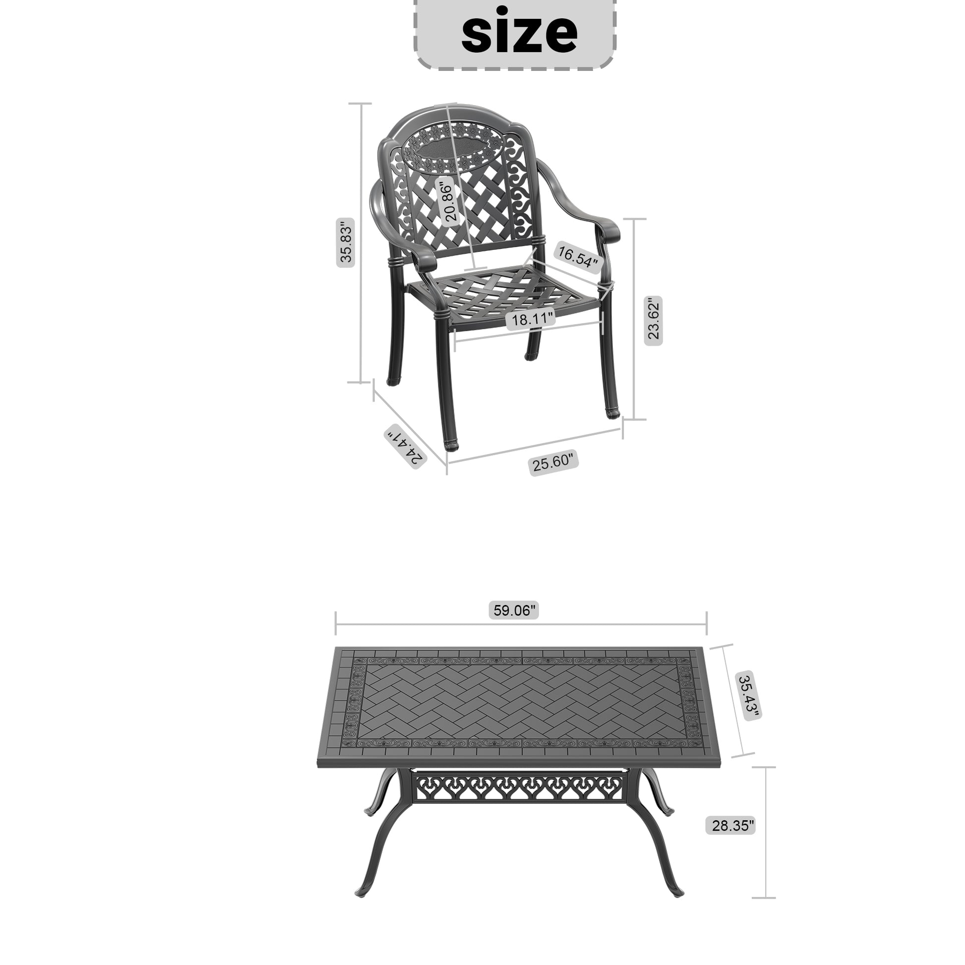 Ornate dark grey cast aluminum patio chair with armrests and decorative detailing