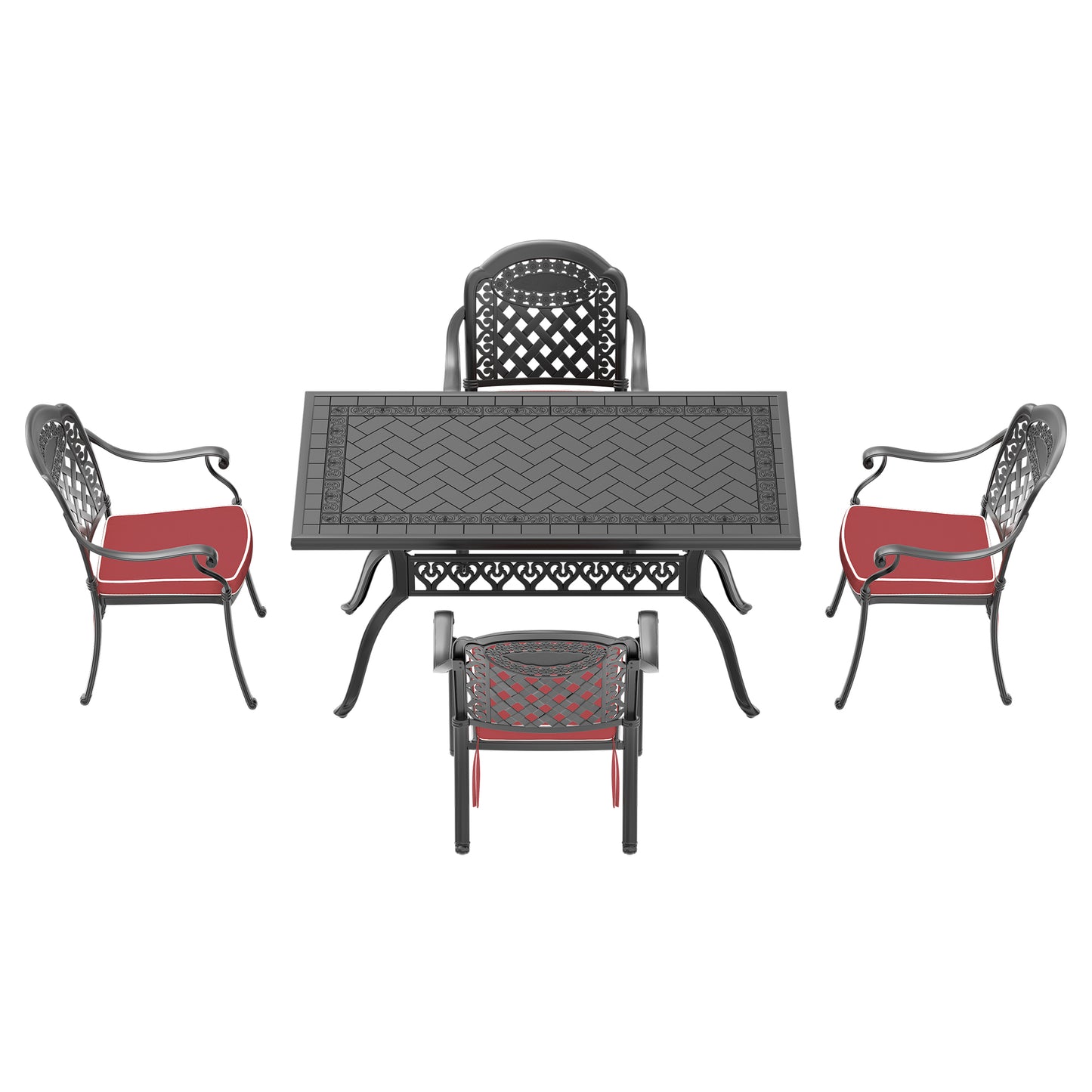 Black cast aluminum dining set with red cushions includes one rectangular table and four chairs with ornate detailing