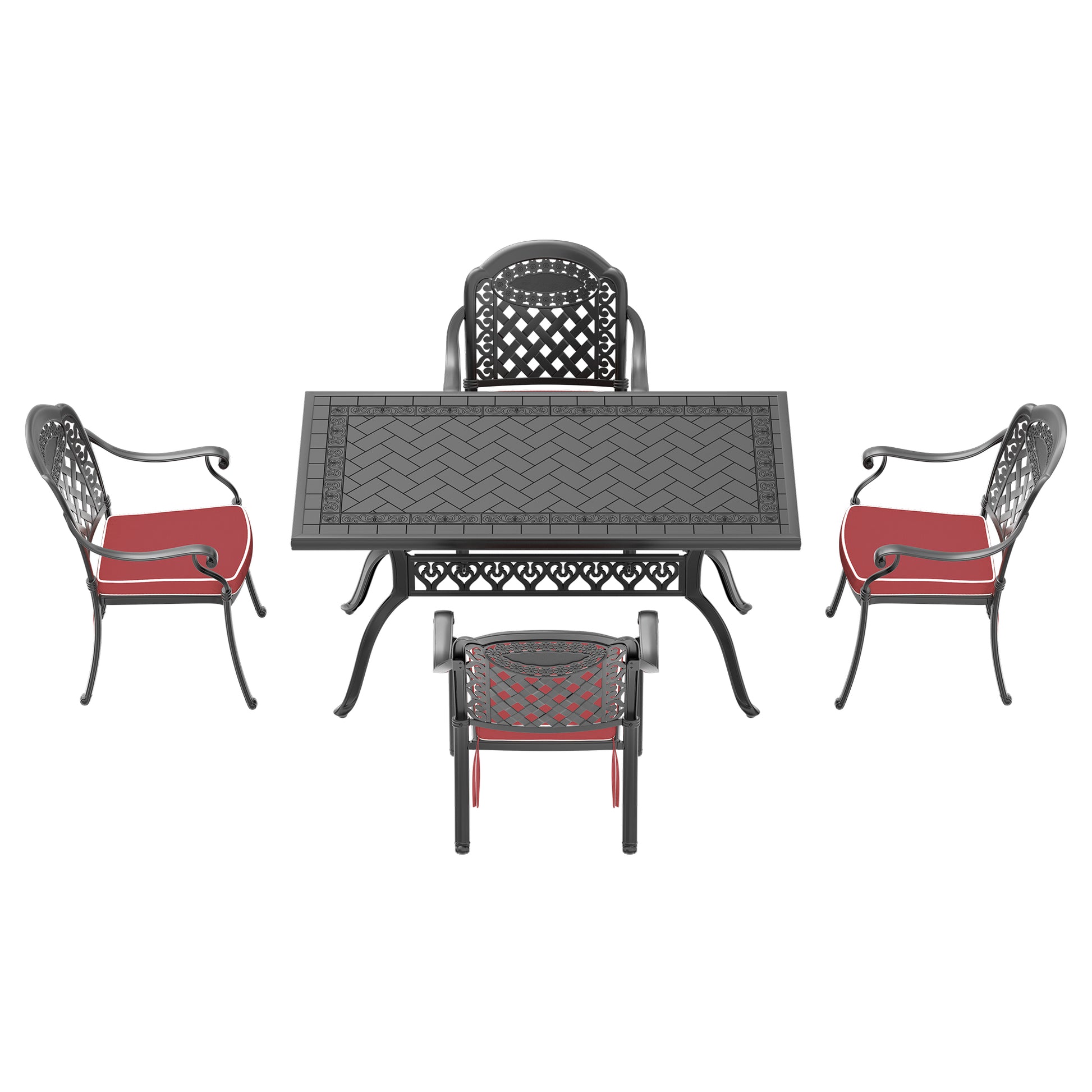 Black cast aluminum dining set with red cushions includes one rectangular table and four chairs with ornate detailing