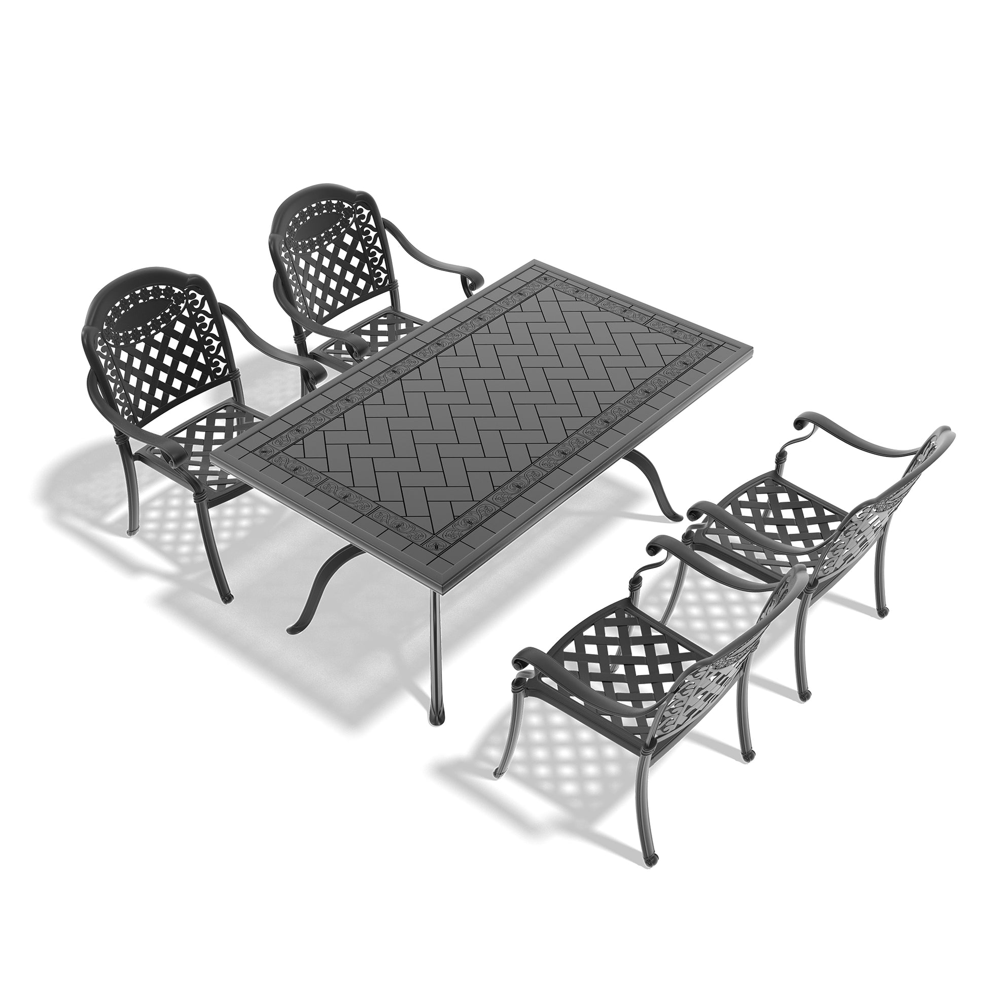 Black metal patio dining set with ornate detailing and herringbone tabletop pattern