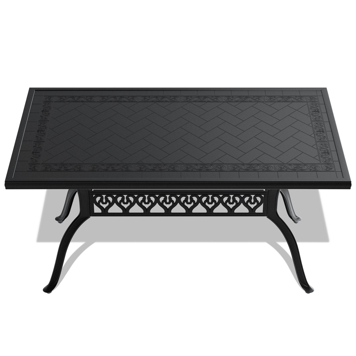Black cast aluminum patio dining table with ornate scrollwork and herringbone pattern