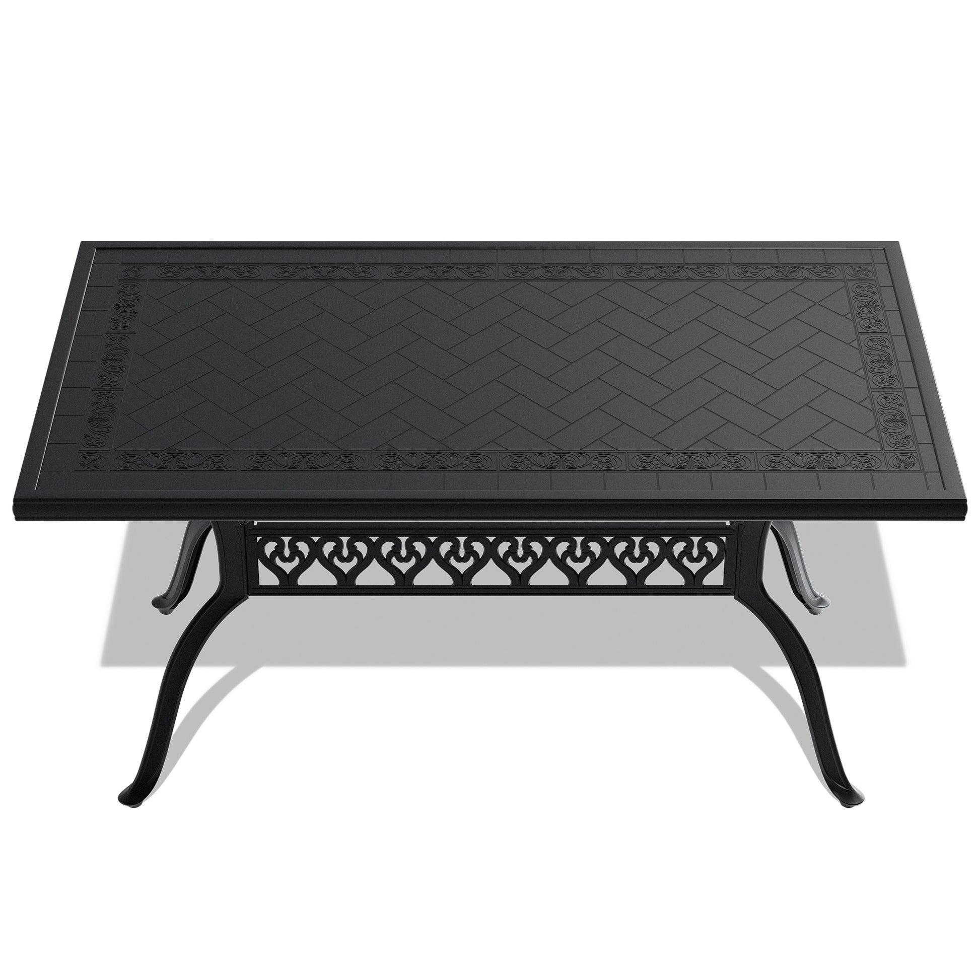Black cast aluminum patio dining table with ornate scrollwork and herringbone pattern