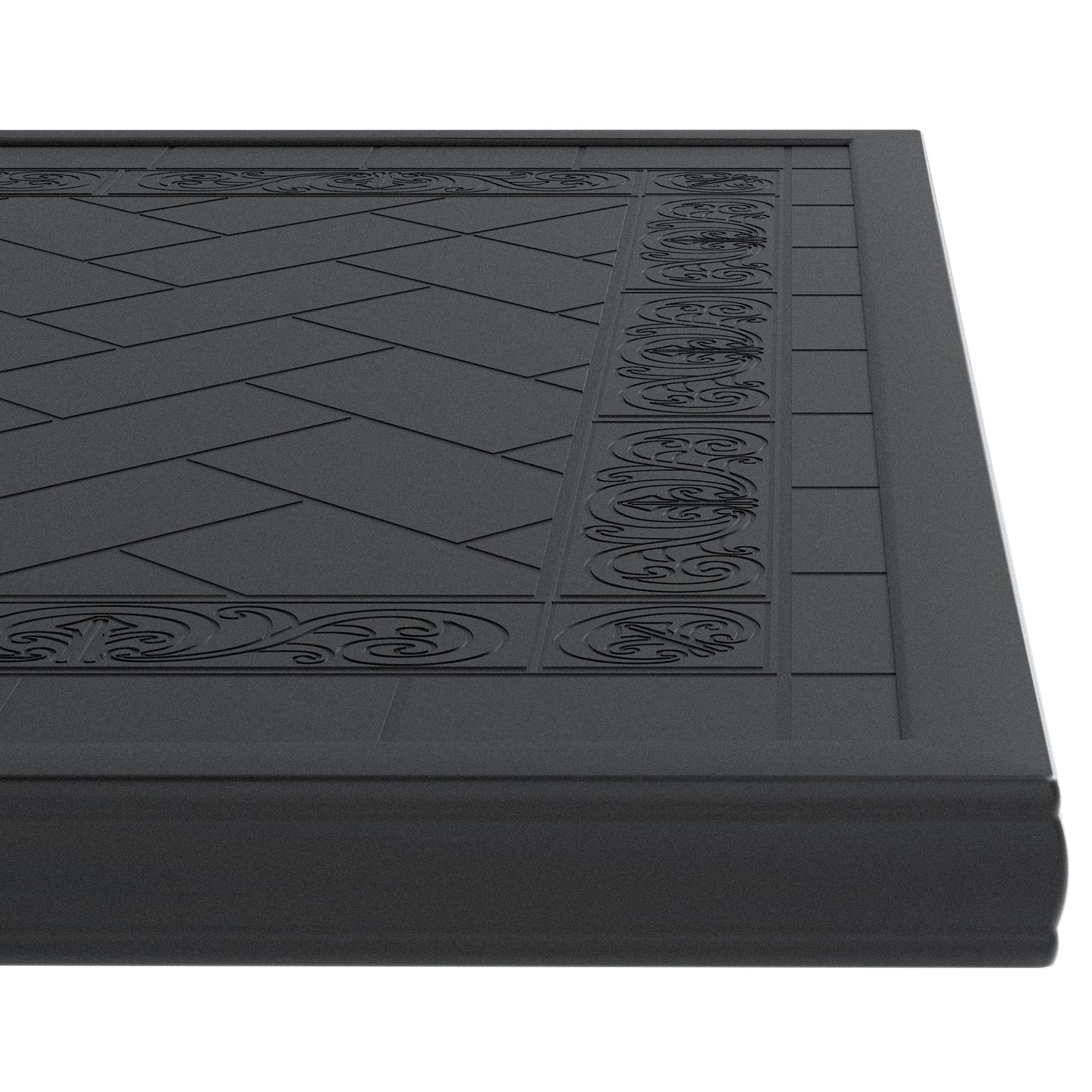 Dark grey textured table top with ornate border detailing and herringbone pattern