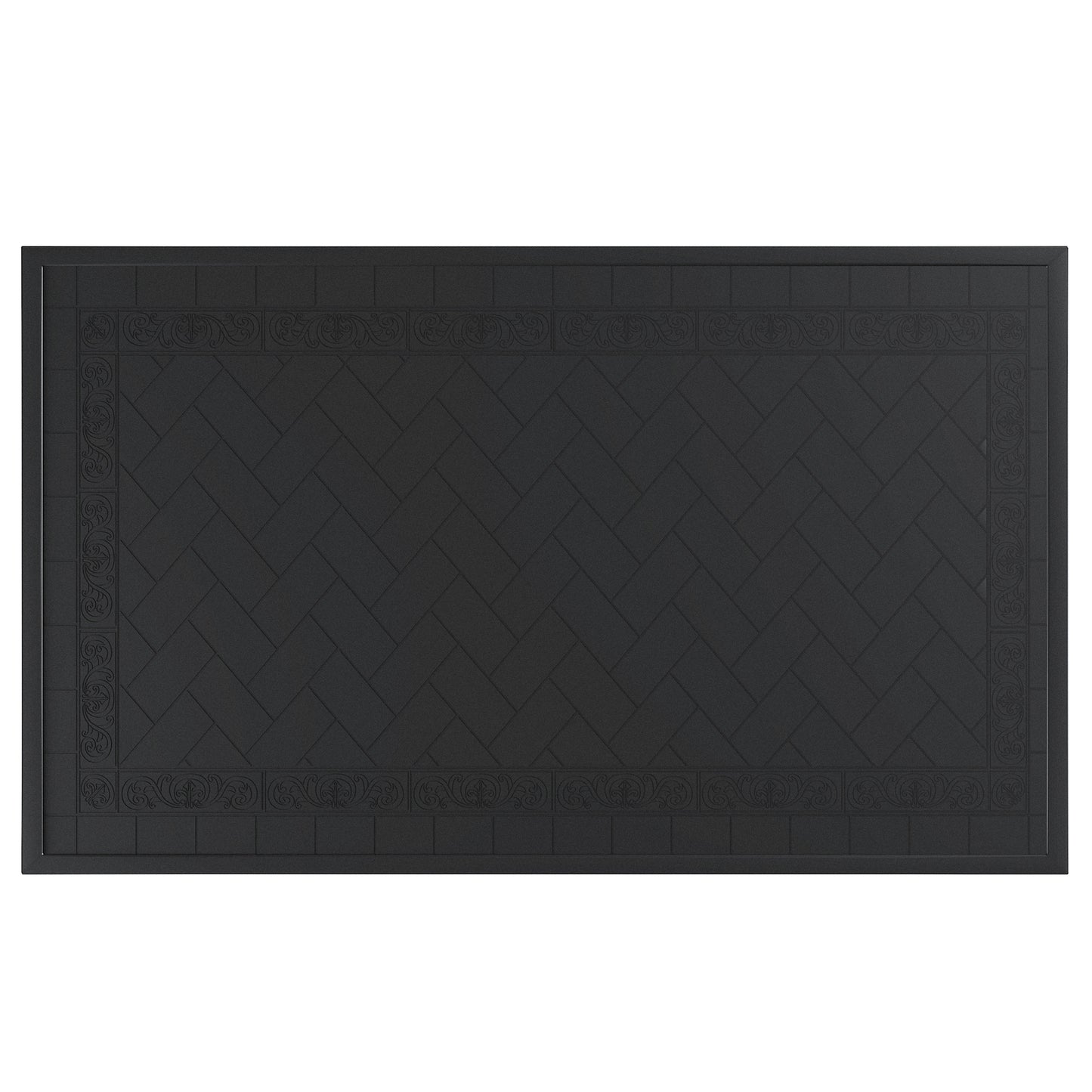 Black rectangular doormat with textured herringbone pattern and ornate border