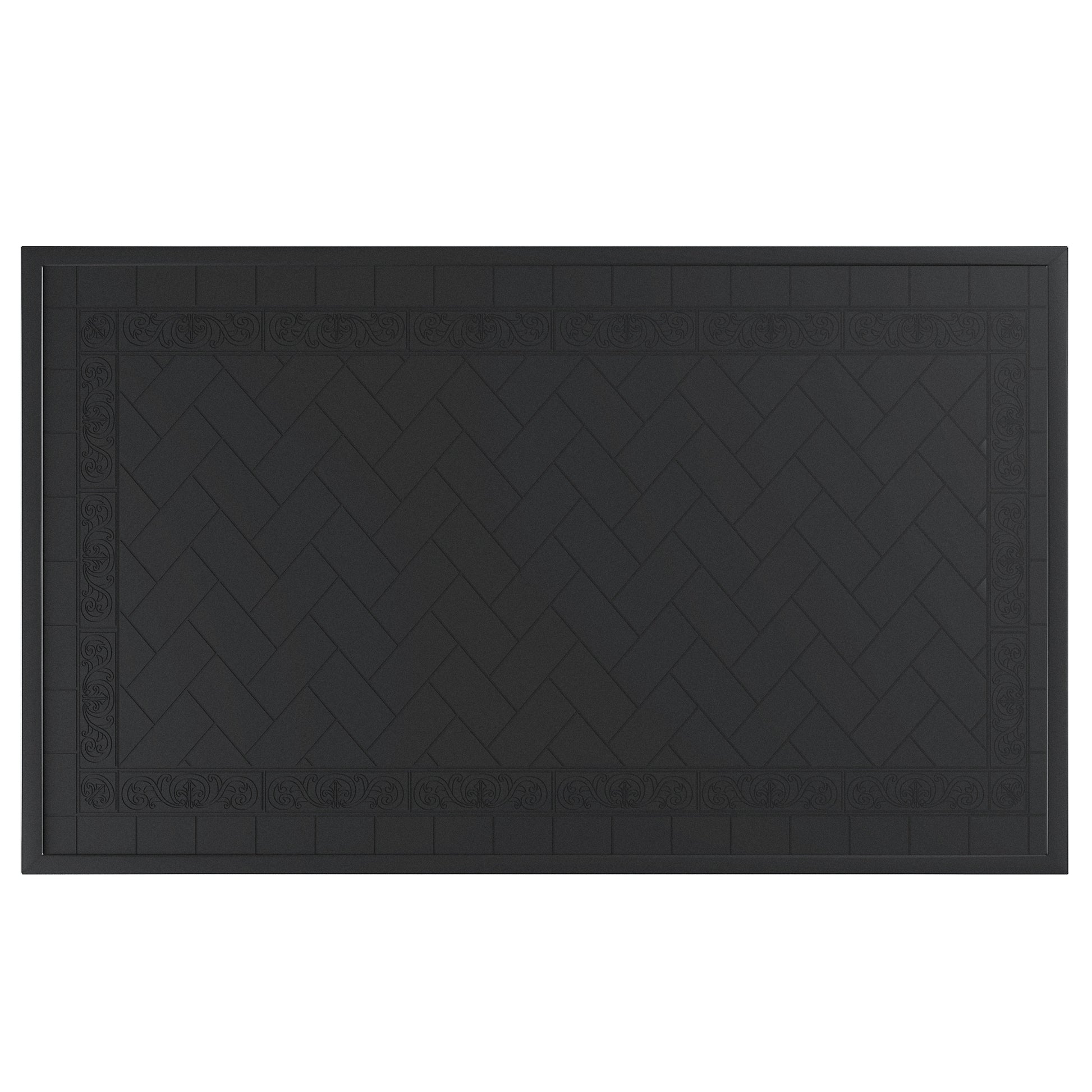 Black rectangular doormat with textured herringbone pattern and ornate border