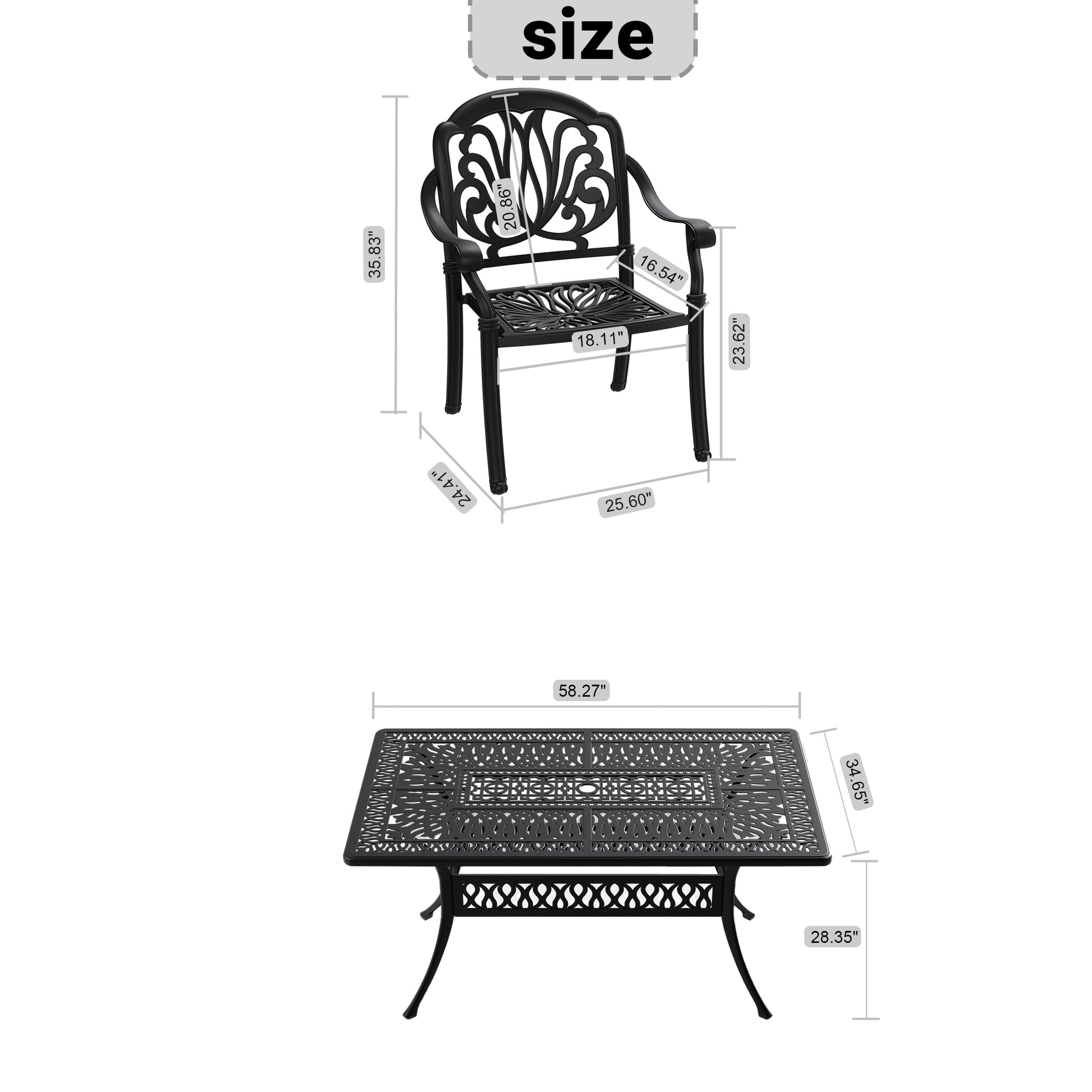 Black ornate cast aluminum patio chair with scrolled back and decorative seat pattern